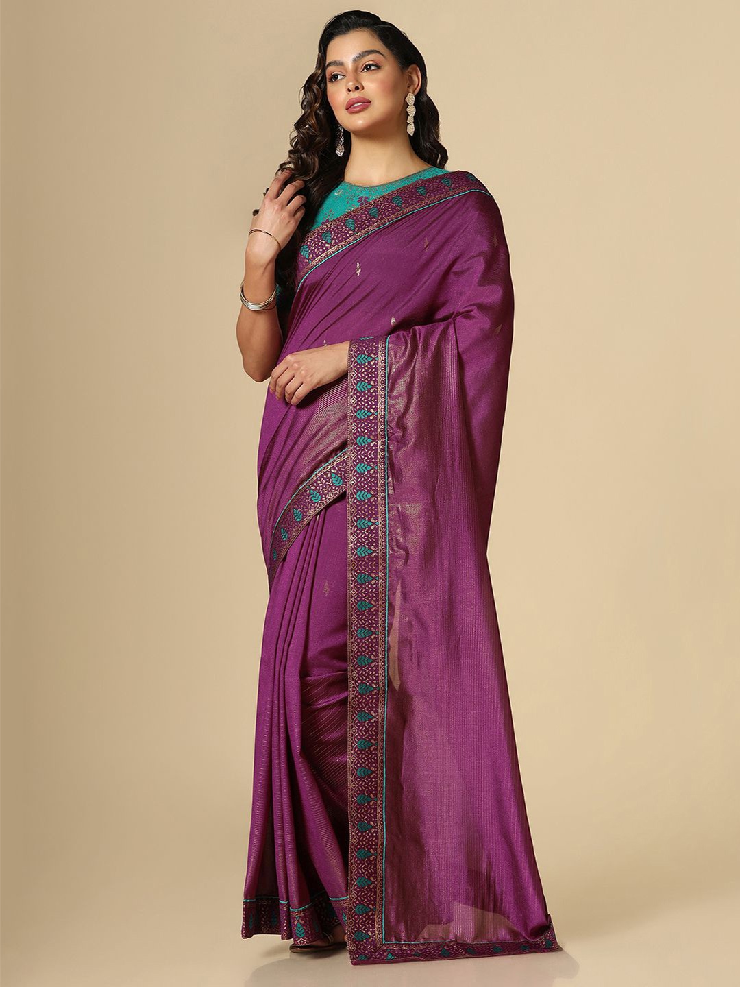 

Satrani Striped Embroidered Zari Saree With Contrasting Blouse, Purple