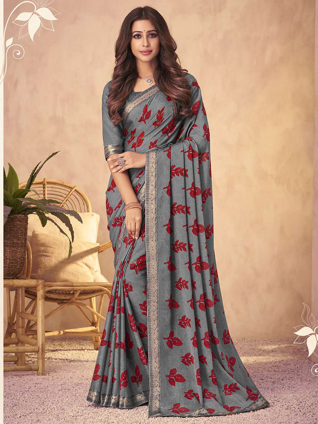 

Satrani Floral Printed Zari Georgette Saree, Grey