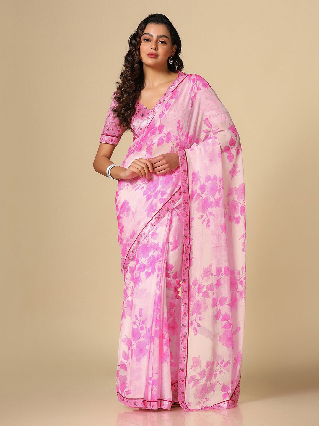 

Satrani Floral Printed Pure Chiffon Saree, Pink