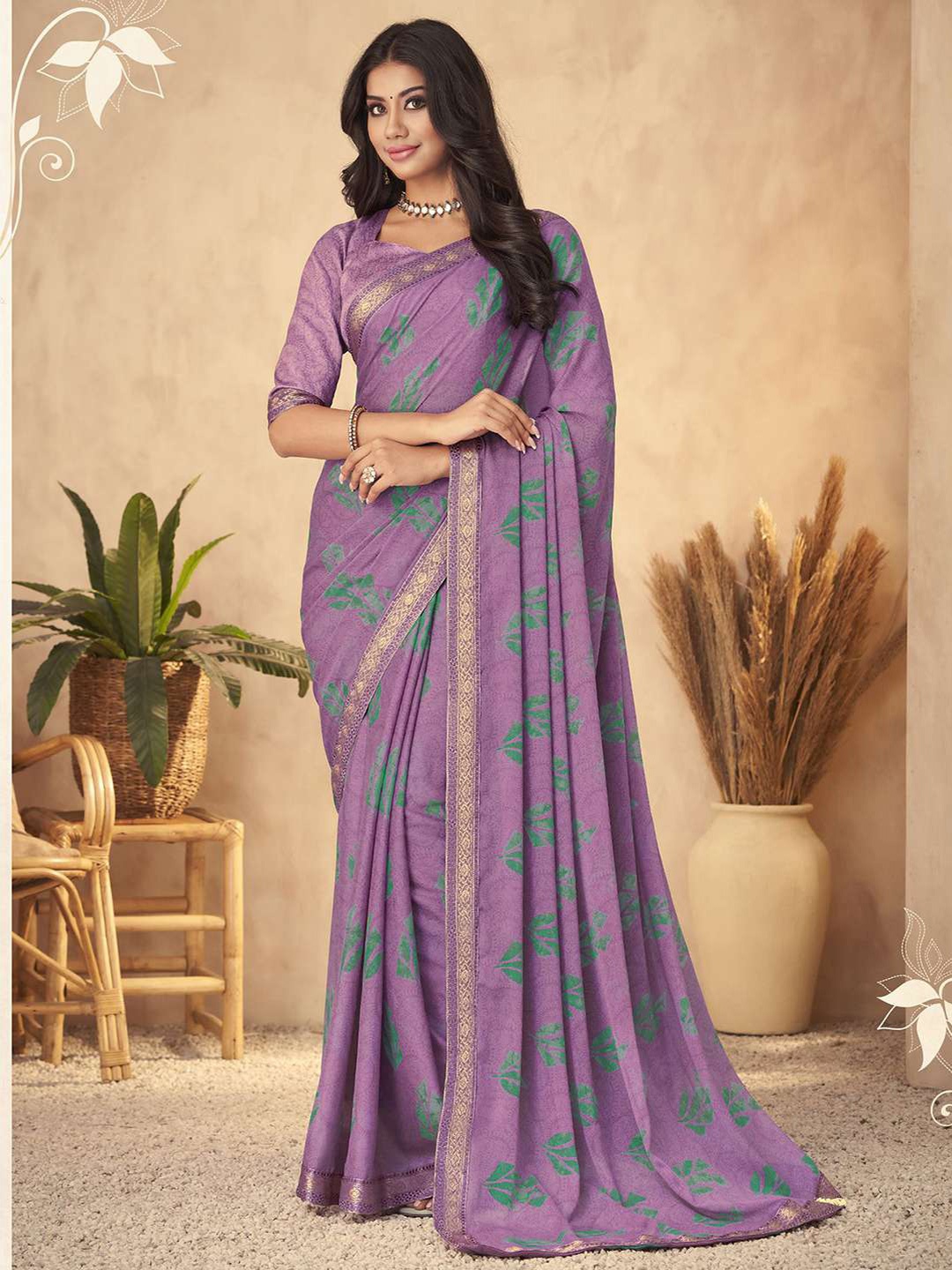 

Satrani Floral Printed Embellished Bordered Saree, Purple