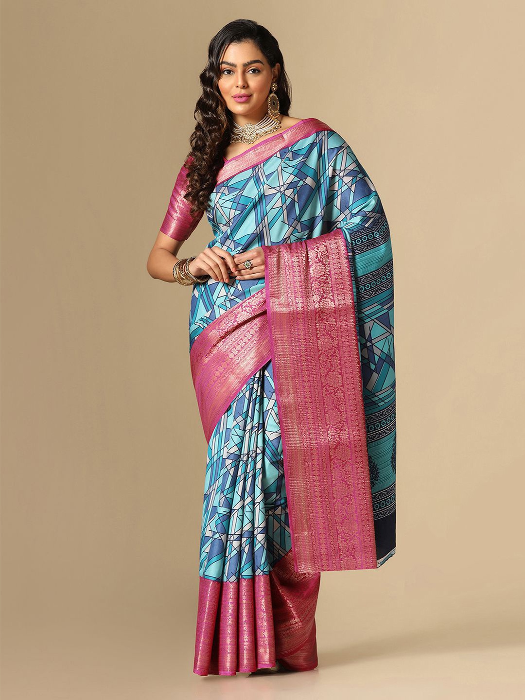 

Satrani Geometric Printed Zari Saree, Blue