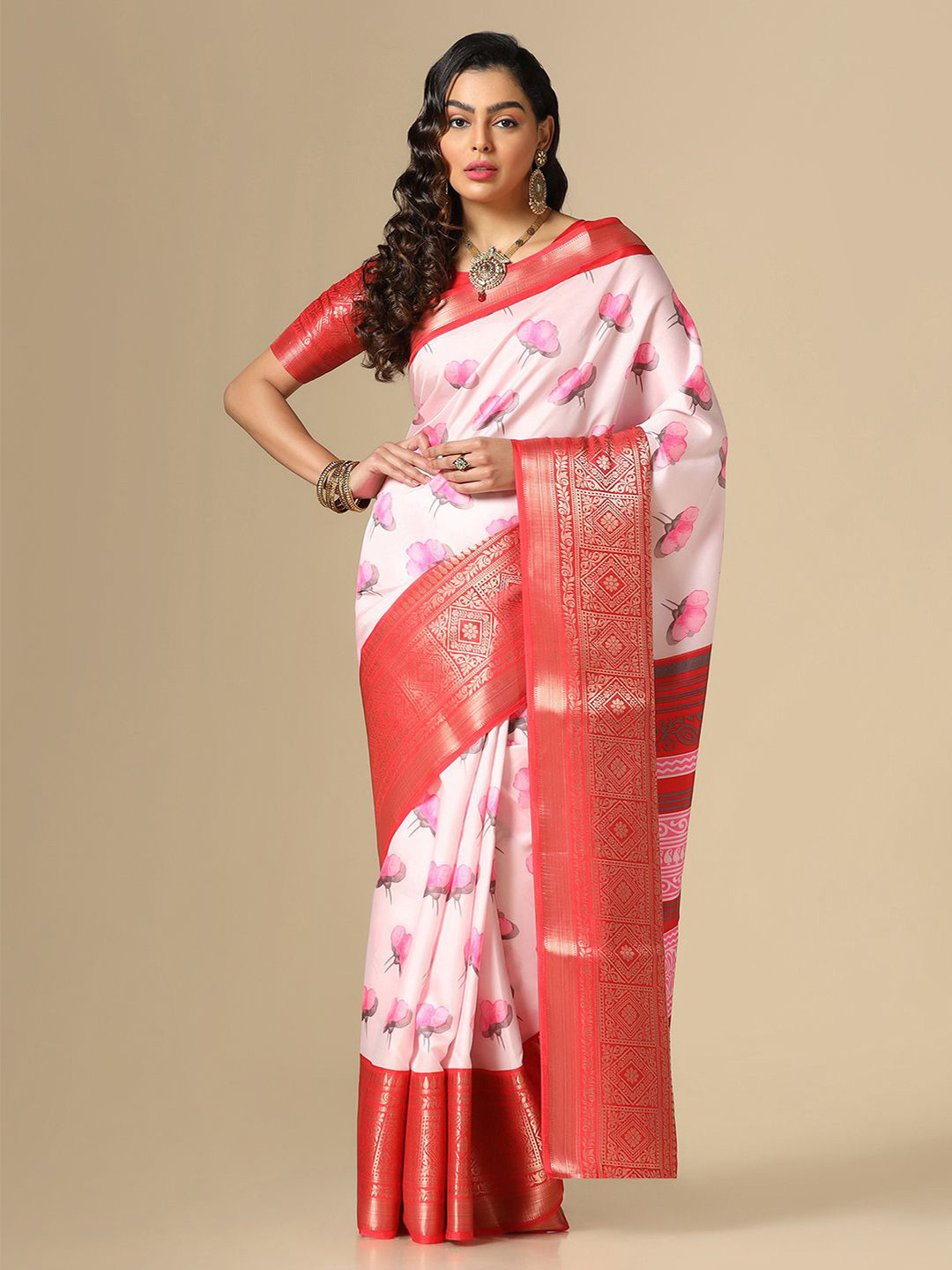

Satrani Floral Printed Zari Saree, Pink