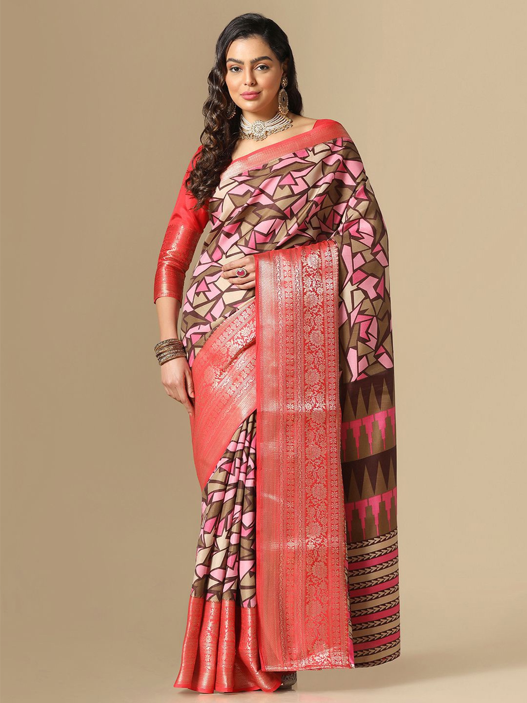 

Satrani Geometric printed Zari Saree, Pink