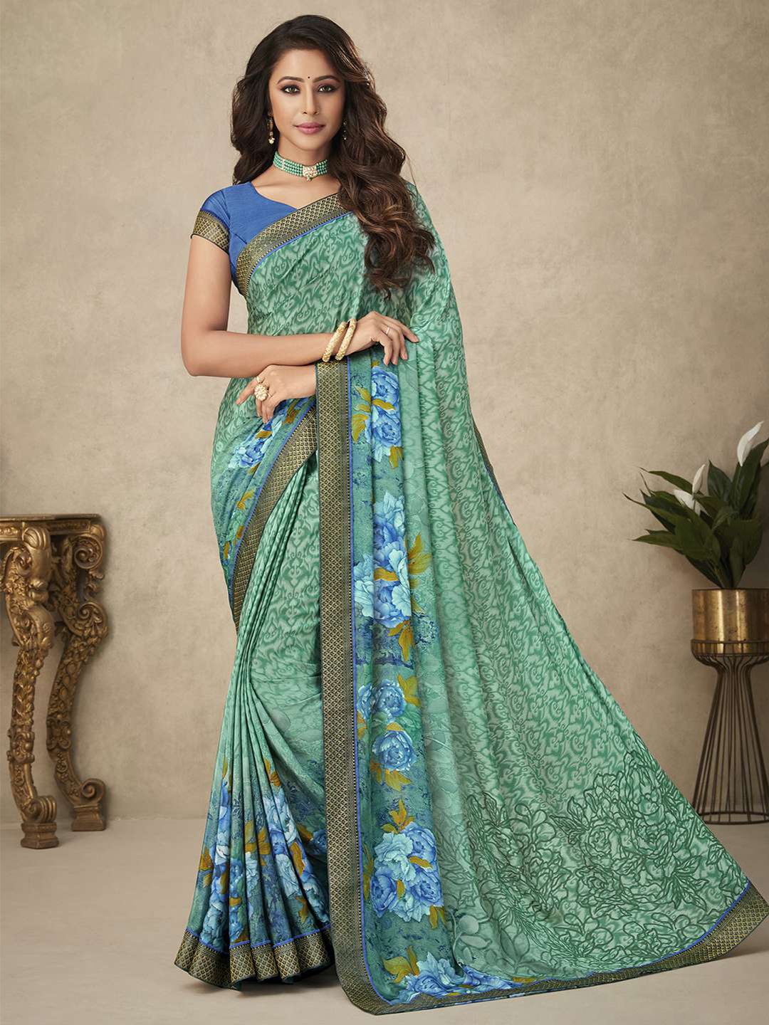 

Satrani Floral Printed Saree, Turquoise blue