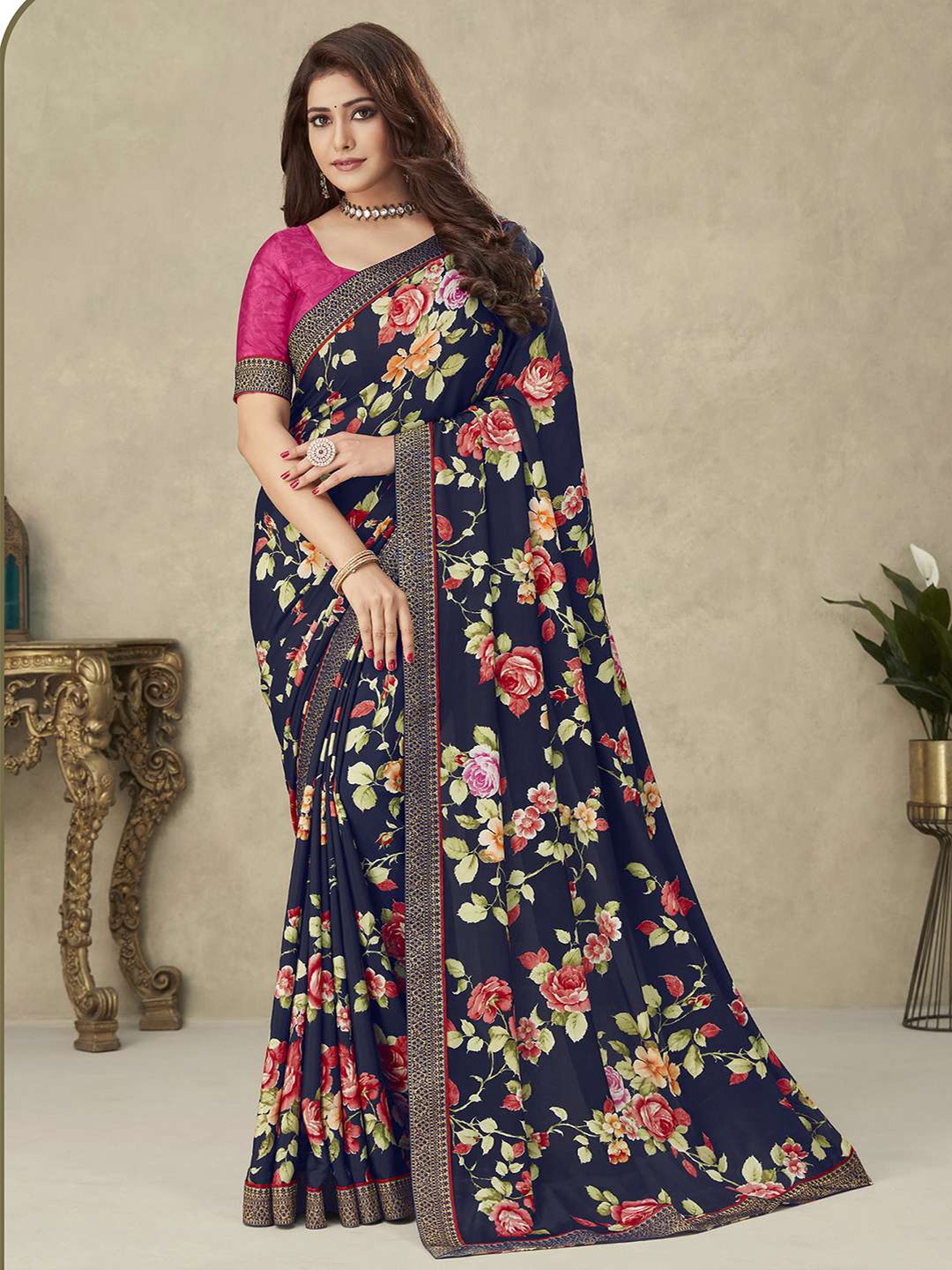 

Satrani Floral Printed Zari Saree, Navy blue