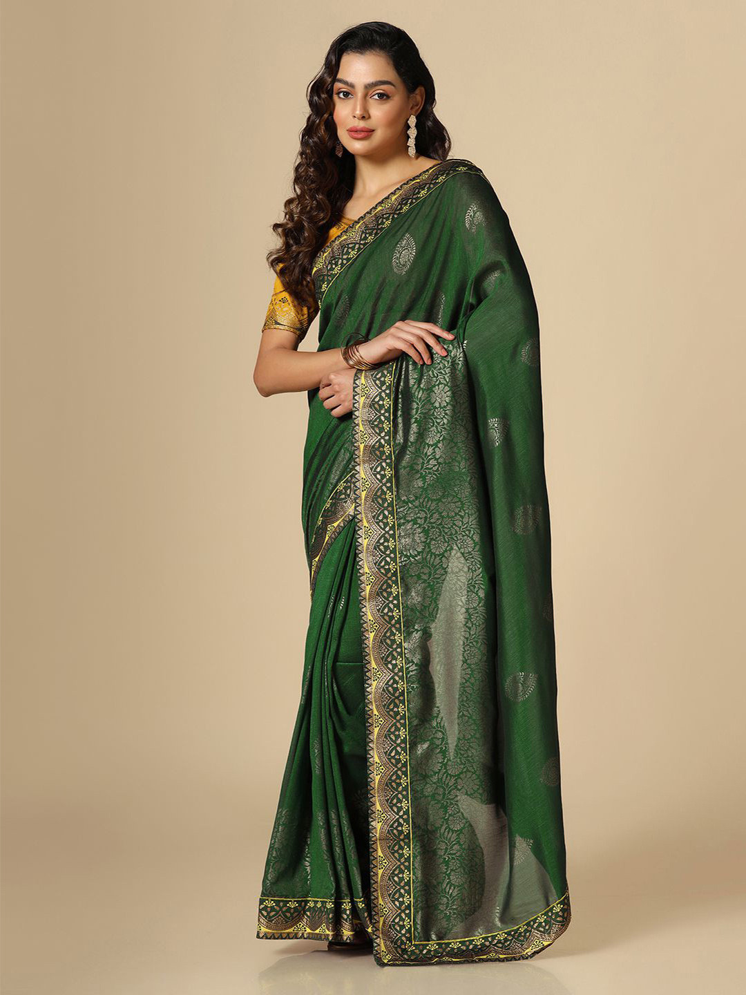 

Satrani Ethnic Motifs Woven Design Zari Saree, Green