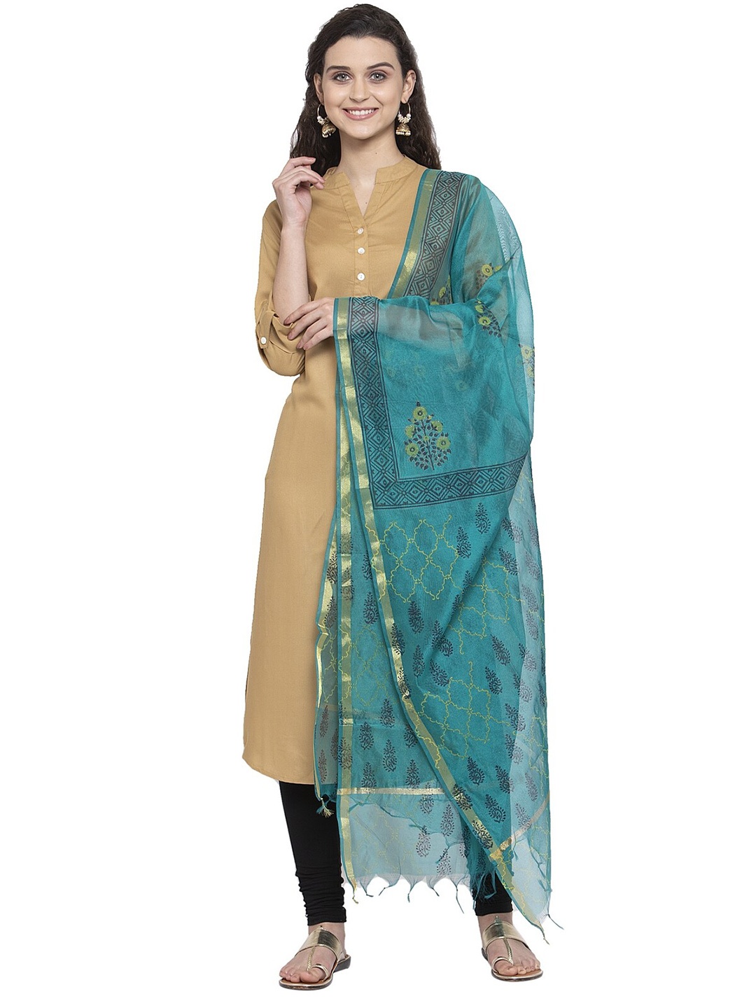 

studio rasa Ethnic Motifs Printed Block Print Dupatta with Zari, Green