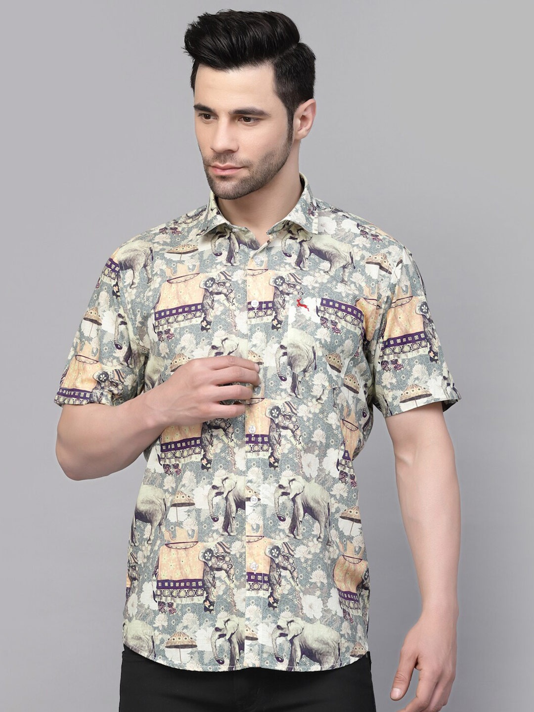 

VALBONE Classic Spread Collar Ethnic Motifs Printed Cotton Casual Shirt, Grey
