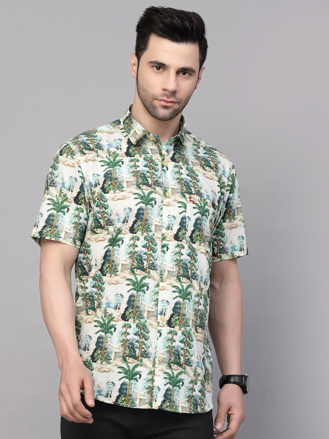 

VALBONE Classic Tropical Printed Casual Pure Cotton Shirt, Green