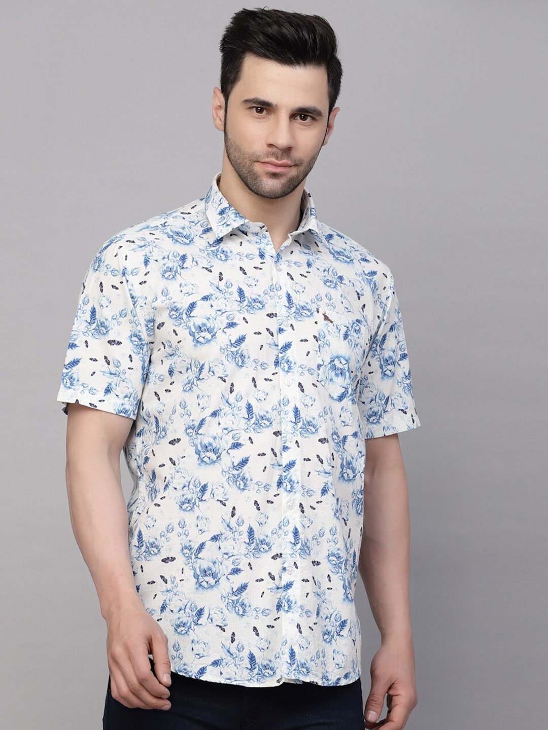 

VALBONE Classic Floral Printed Casual Pure Cotton Shirt, White