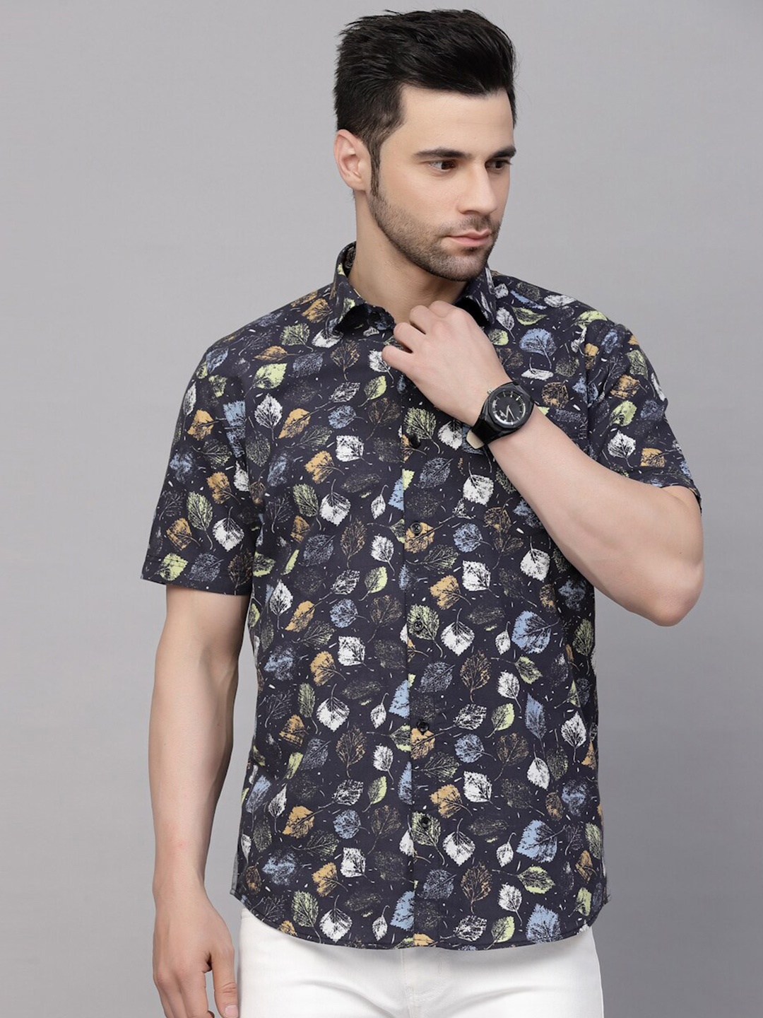 

VALBONE Short Sleeves Patch Pocket Classic Printed Casual Cotton Shirt, Blue