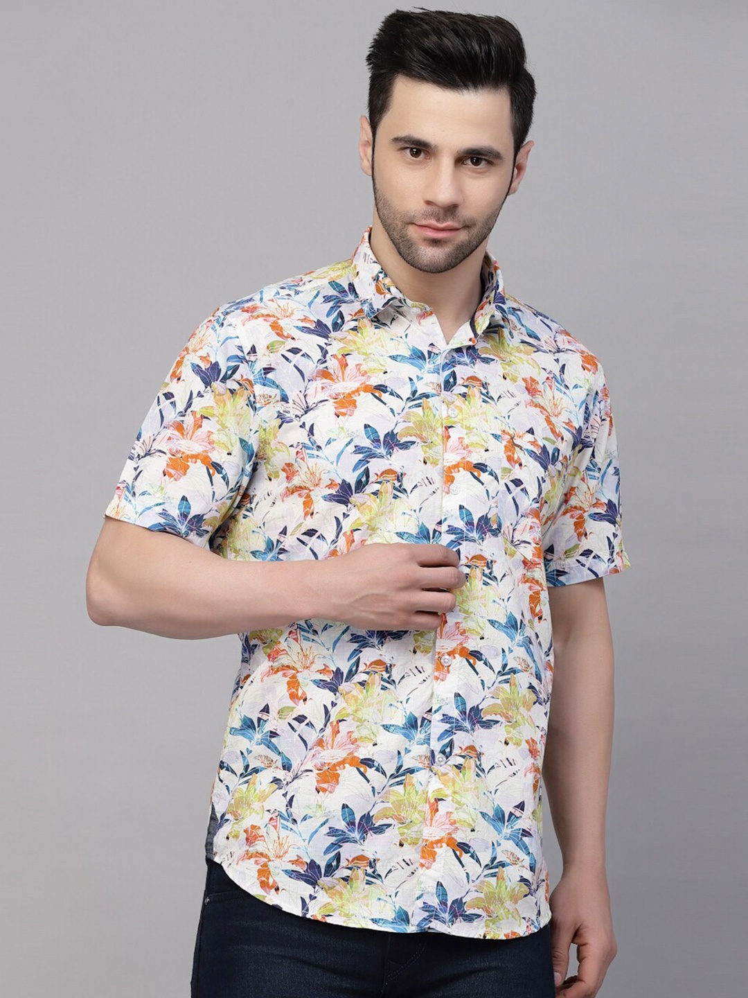 

VALBONE Classic Floral Printed Cotton Casual Shirt, White