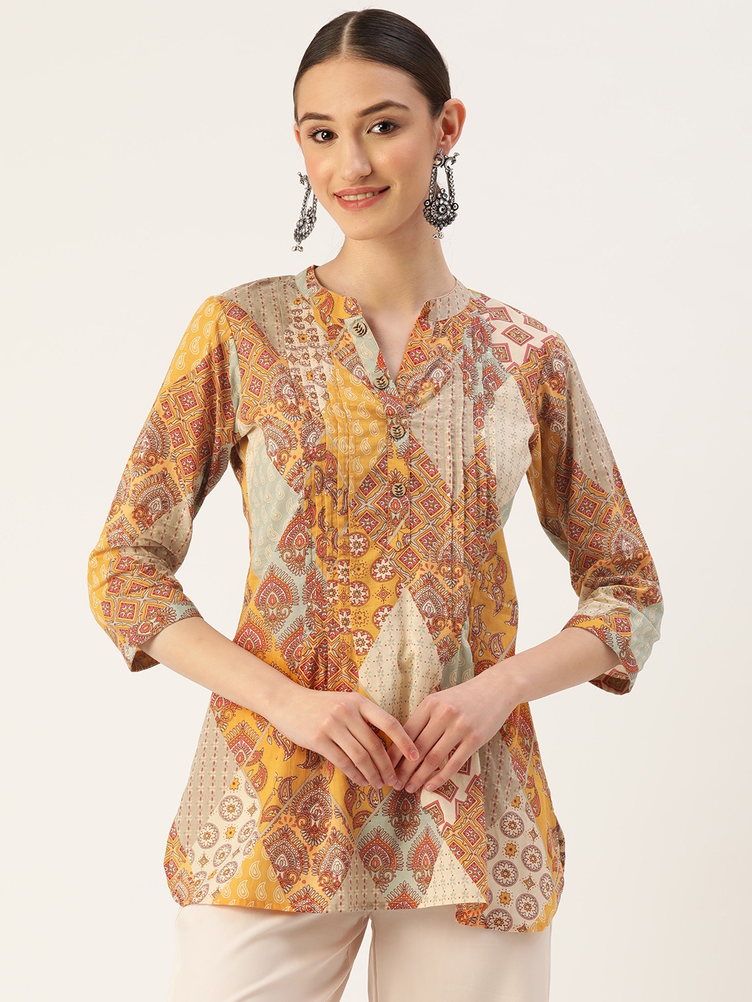 

Jaipur Morni Ethnic Print Mandarin Collar Top, Mustard