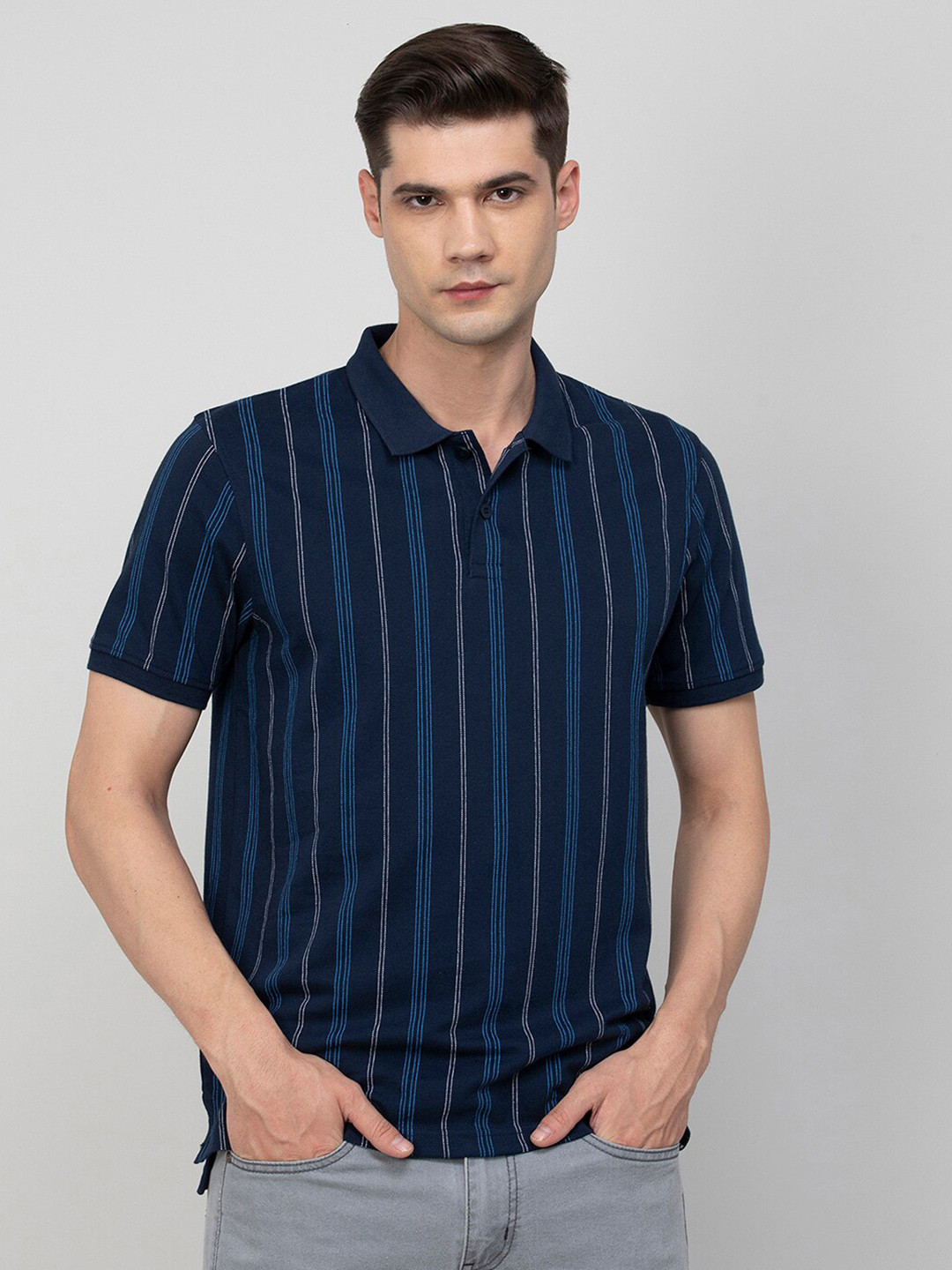 

Fame Forever by Lifestyle Men Striped Polo Collar T-shirt, Navy blue