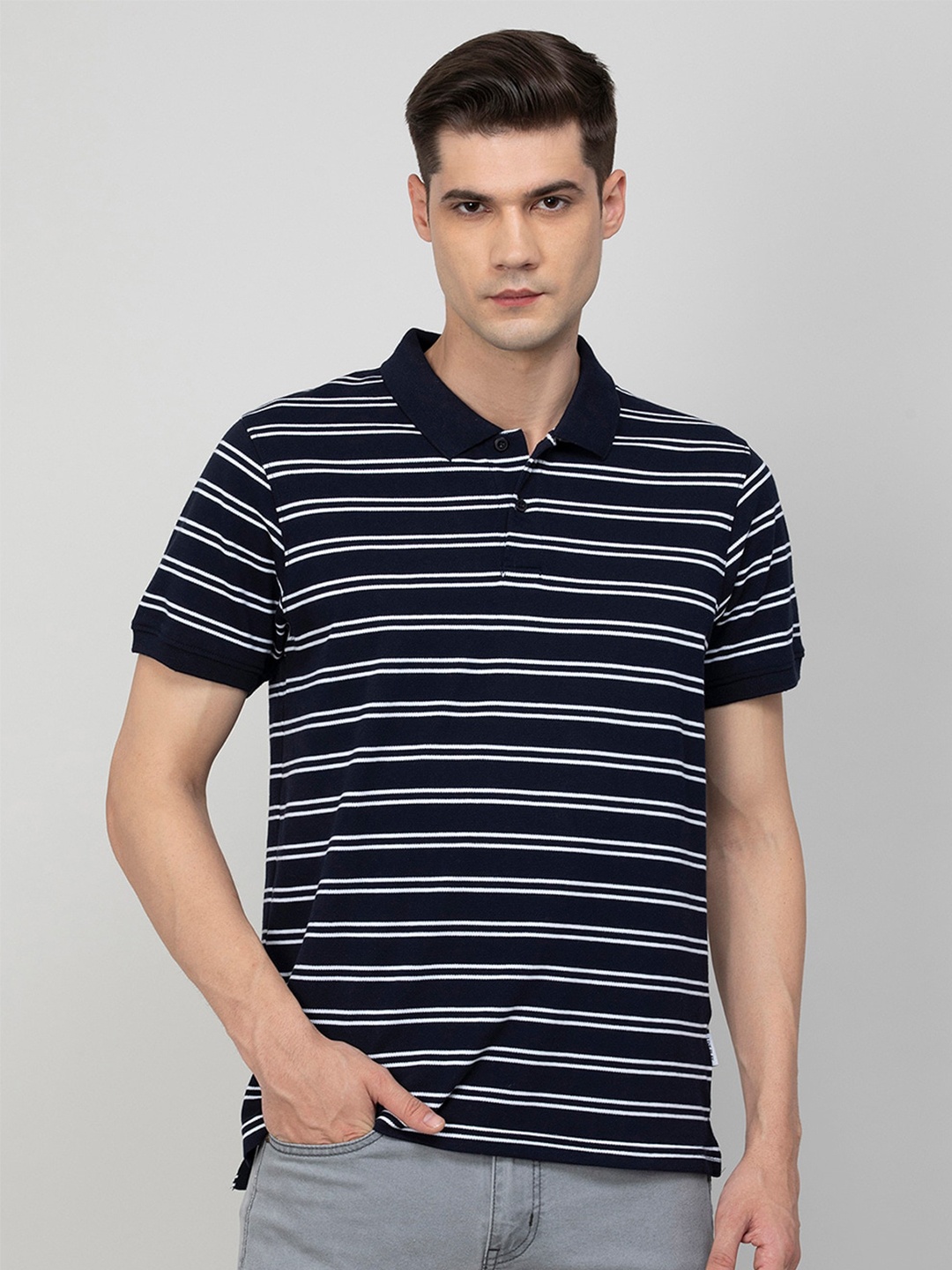 

Fame Forever by Lifestyle Striped Polo Collar Cotton Slim Fit T-shirt, Navy blue