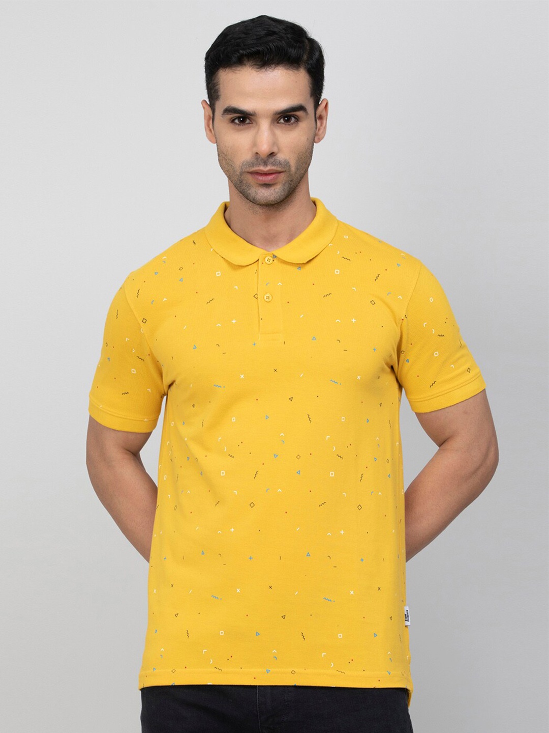 

Fame Forever by Lifestyle Geometric Printed Polo Collar Cotton T-shirt, Mustard