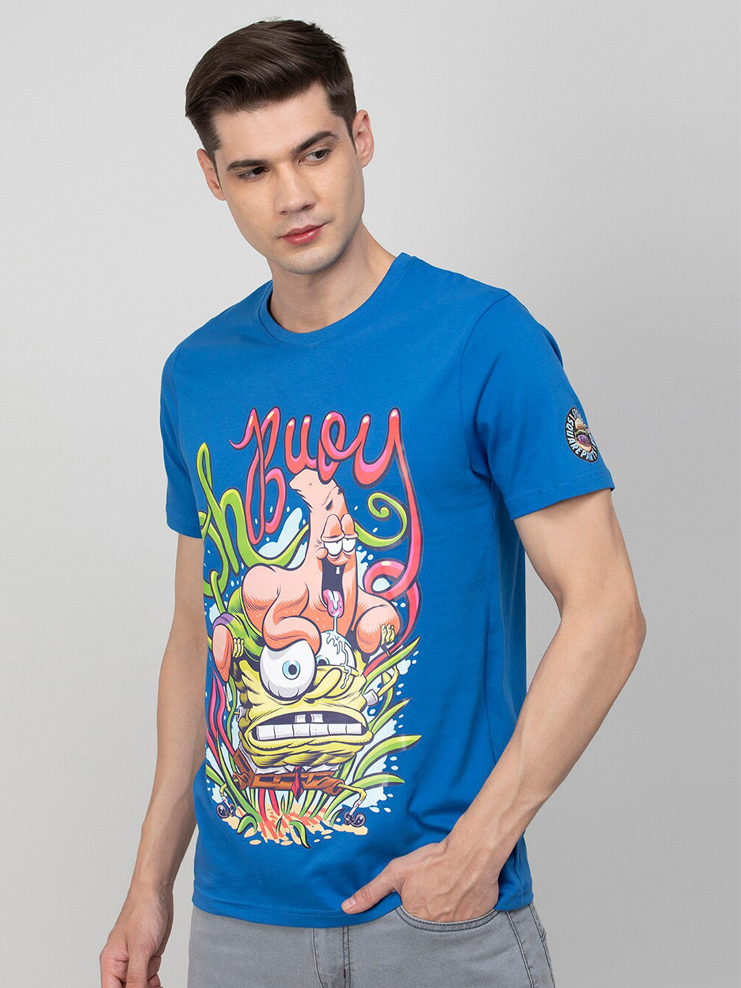 

Fame Forever by Lifestyle Humor & Comic Printed Spongebob Cotton T-shirt, Blue