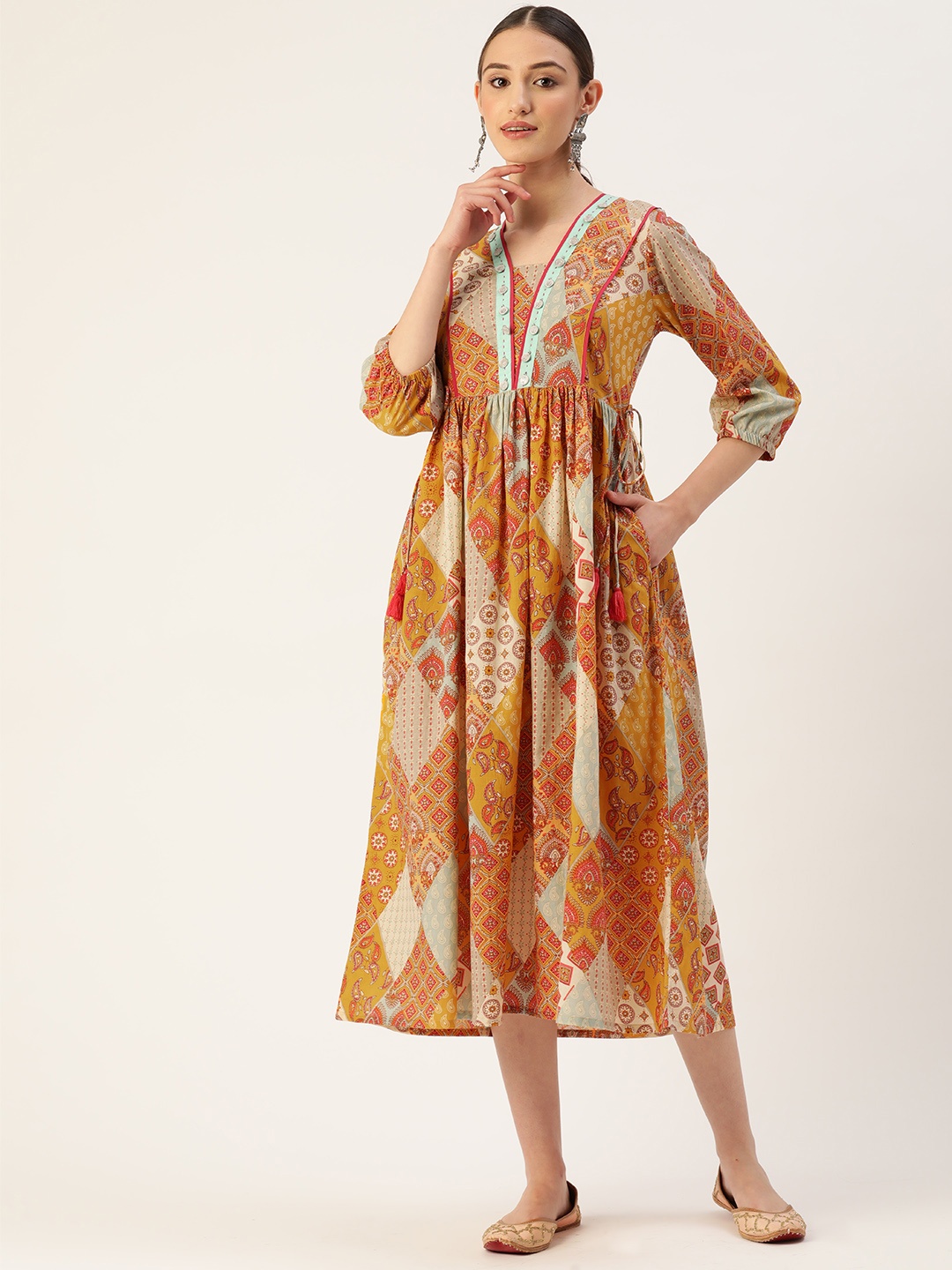 

Jaipur Morni Ethnic Motifs Ethnic Midi Dress, Mustard