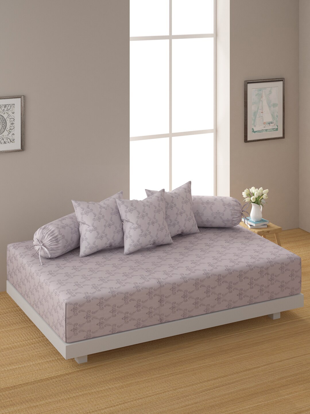 

SWAYAM 6 Piece Lavender Printed Pure Cotton 240 TC Diwan Set