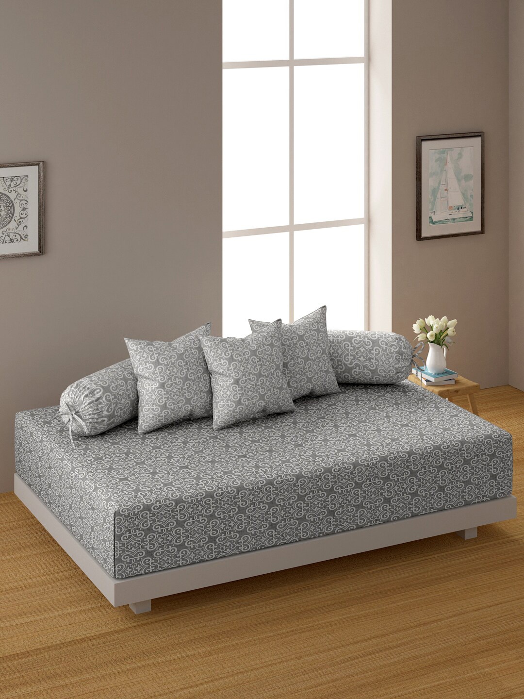 

SWAYAM Set Of 6 Grey & White Printed Cotton Diwan Set