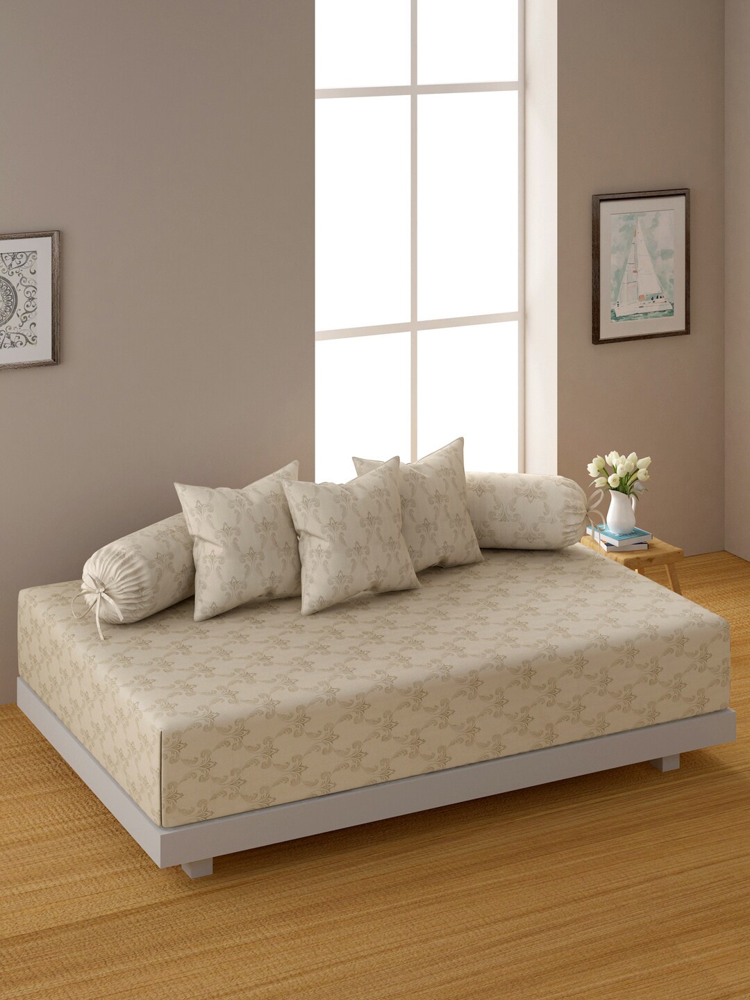 

SWAYAM 6 Pcs Beige Self Design Pure Cotton Diwan Set
