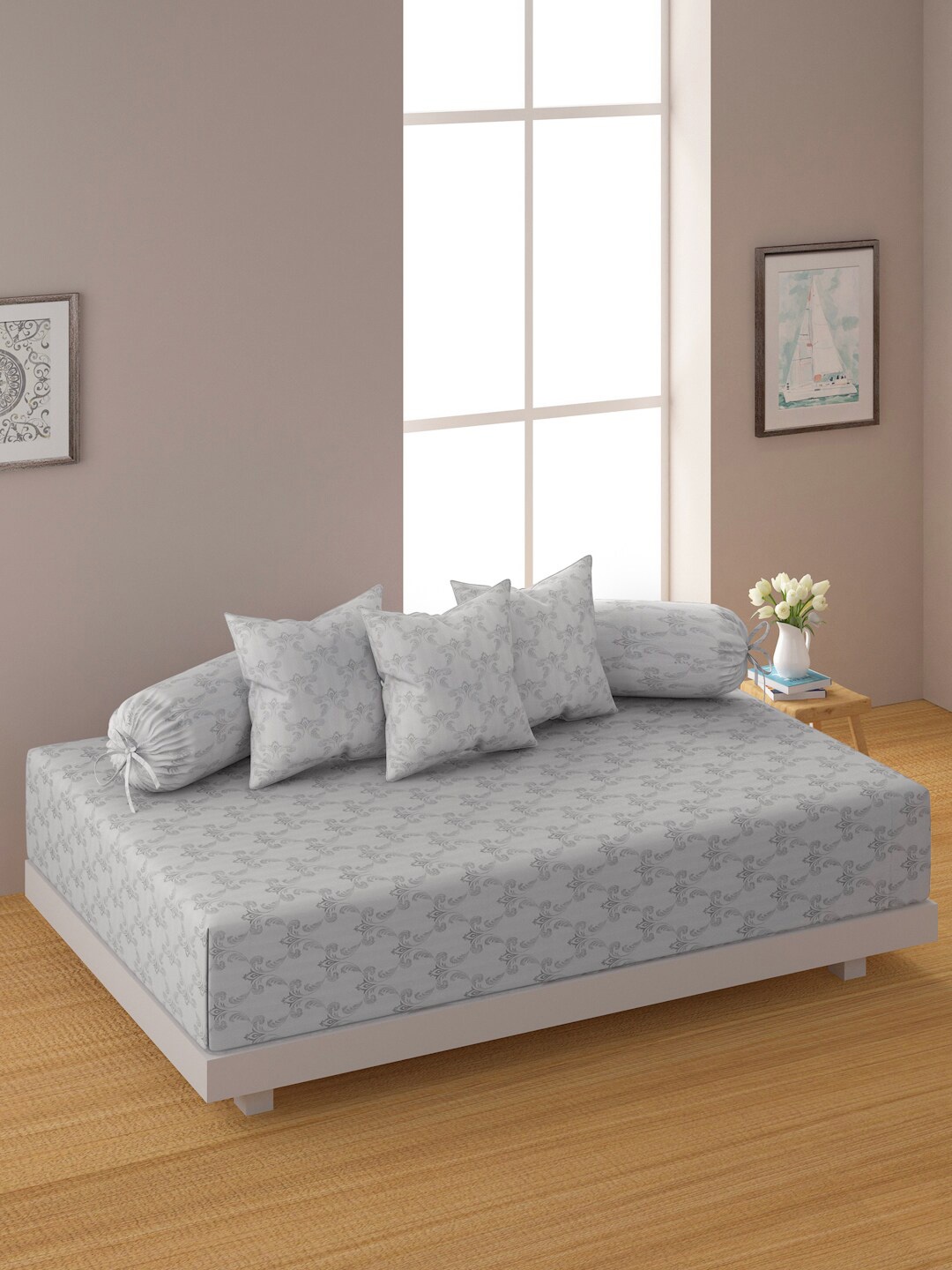 

SWAYAM 6-Pcs Grey Printed Pure Cotton Diwan Set