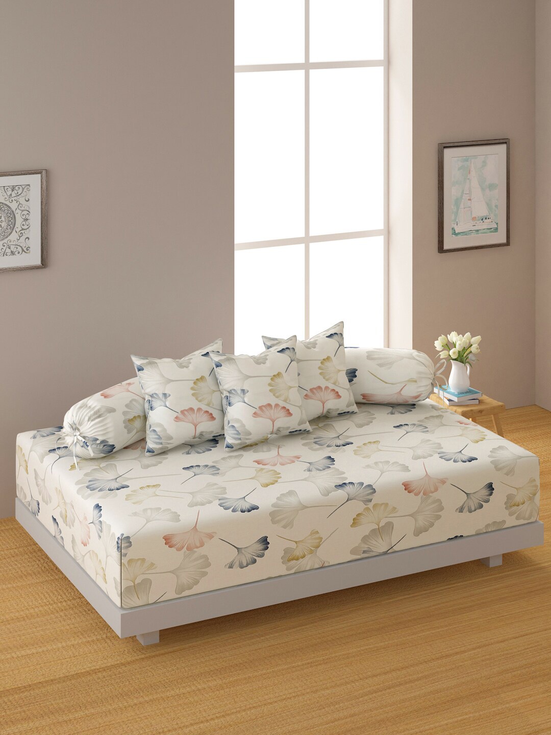 

SWAYAM 6 Pcs White & Blue Floral Pure Cotton Diwan Set