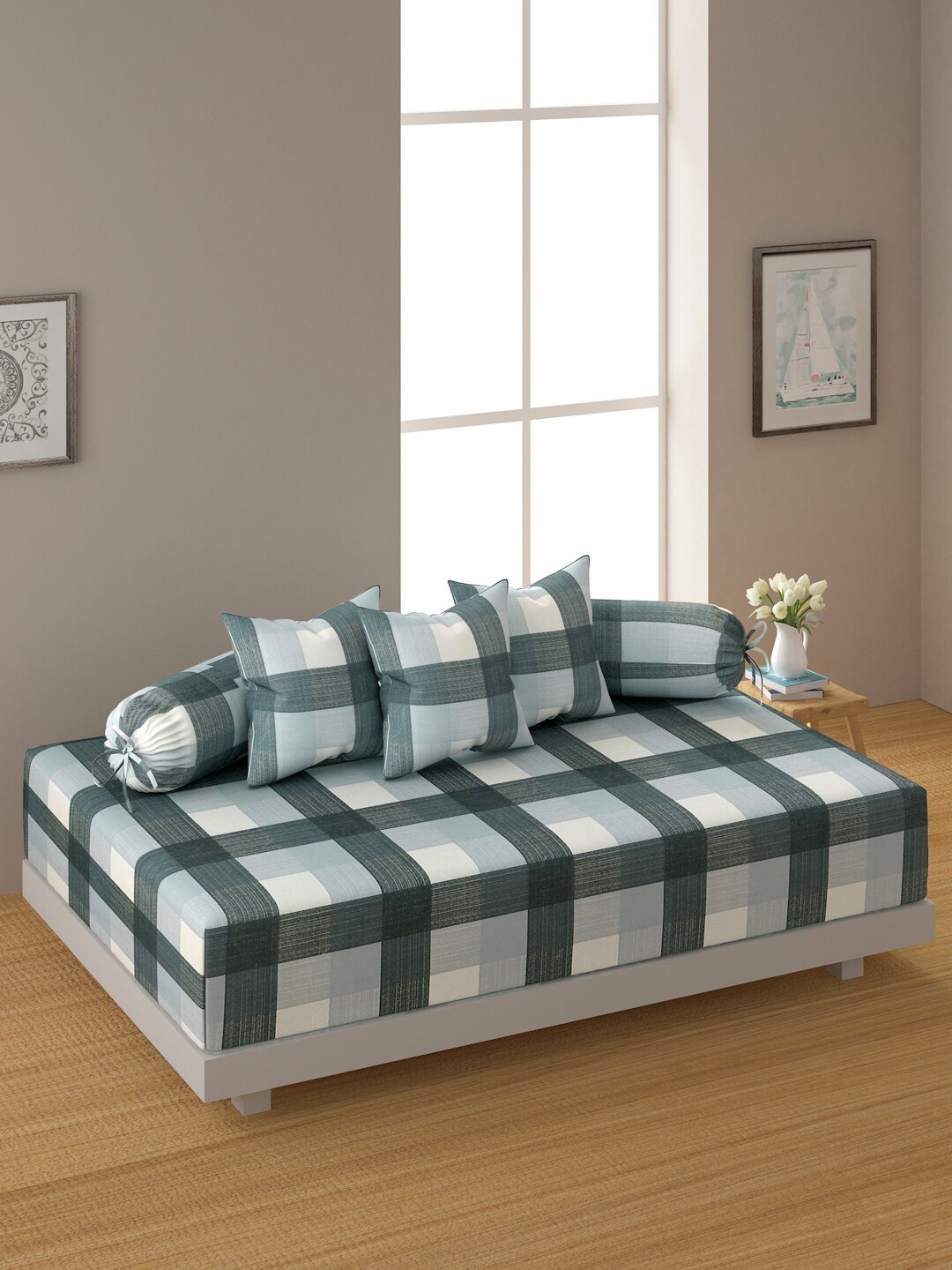 

SWAYAM 6-Pcs White & Black Checked Pure Cotton Diwan Set