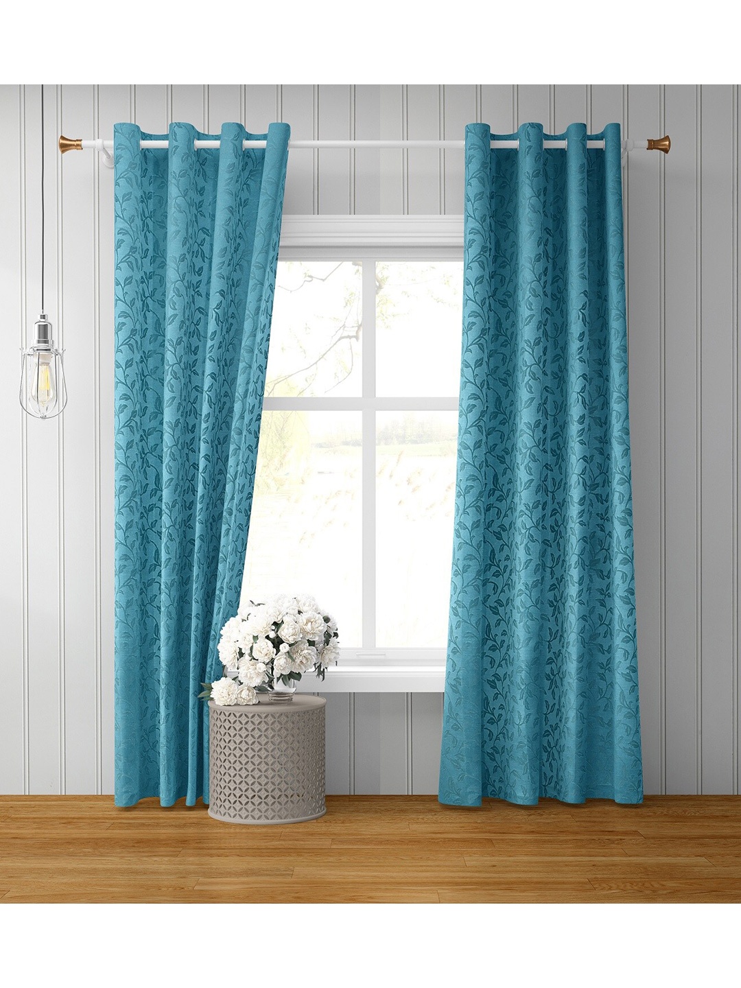 

Bajo's Turquoise Blue 2 Pcs Self Design Floral Jacquard Door Curtains
