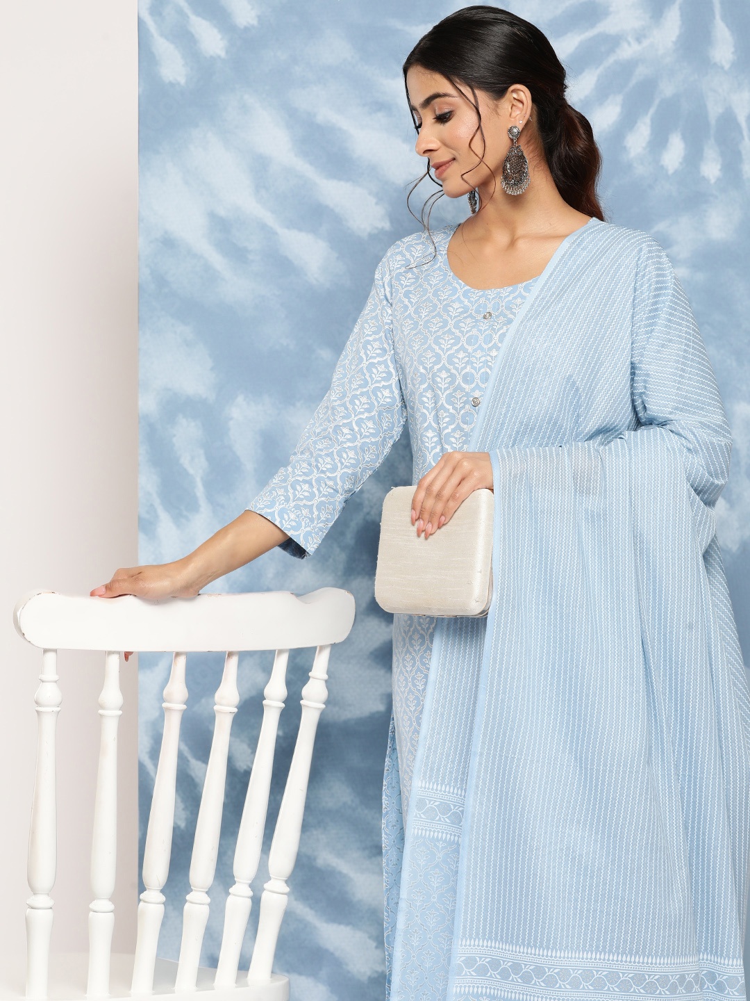 

Yufta Ethnic Motifs Printed Regular Pure Cotton Kurta With Trousers & Dupatta, Blue