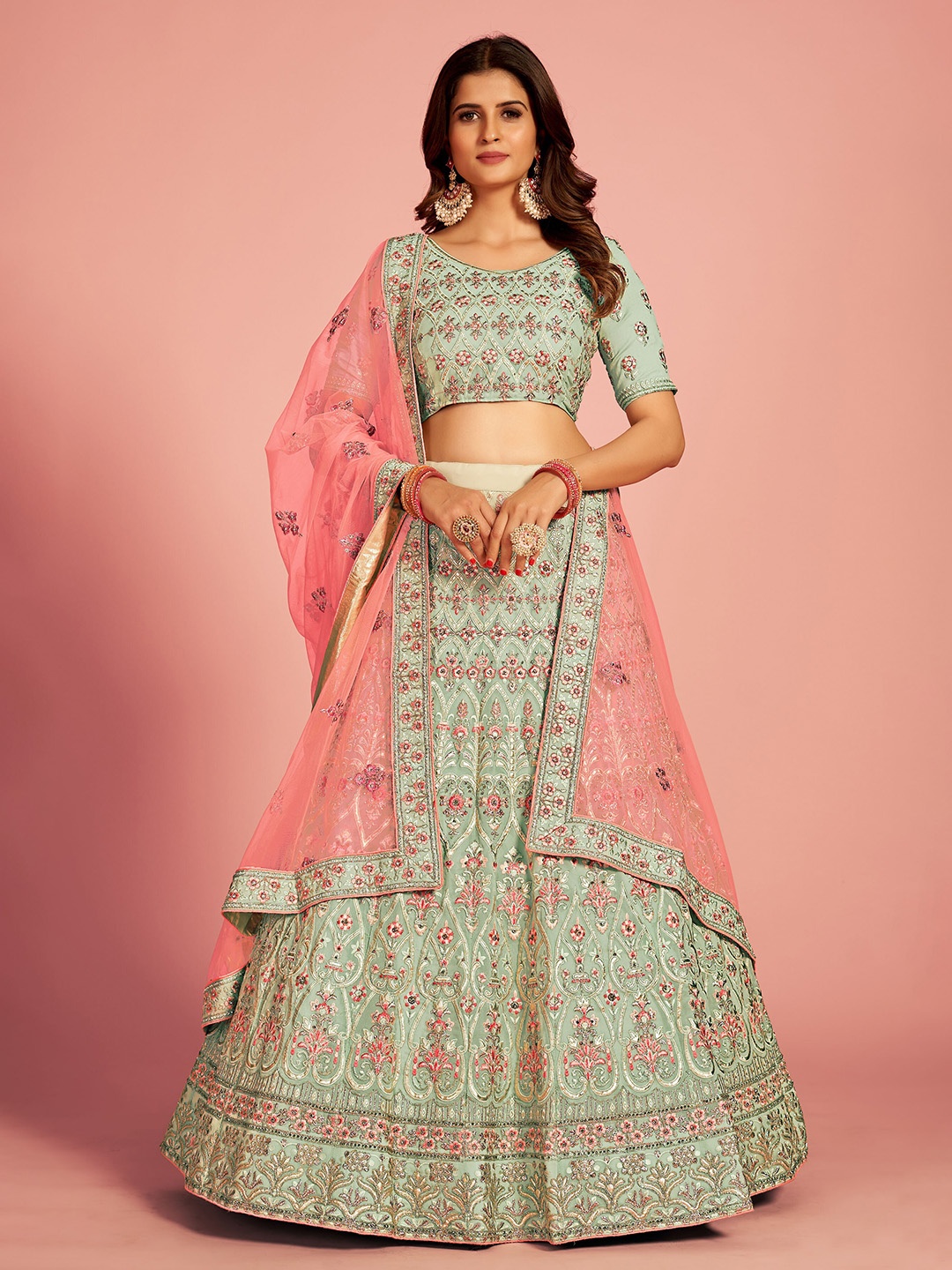 

Fusionic Embroidered Semi-Stitched Lehenga & Unstitched Blouse With Dupatta, Green