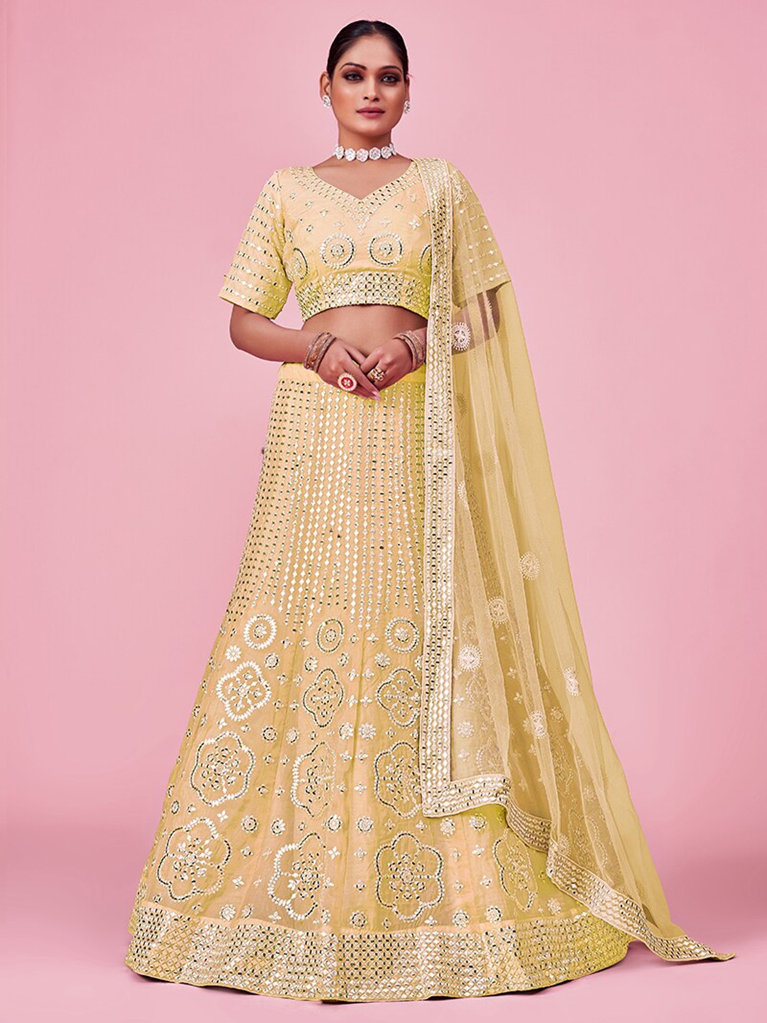 

Fusionic Embroidered Semi-Stitched Lehenga & Unstitched Blouse With Dupatta, Yellow