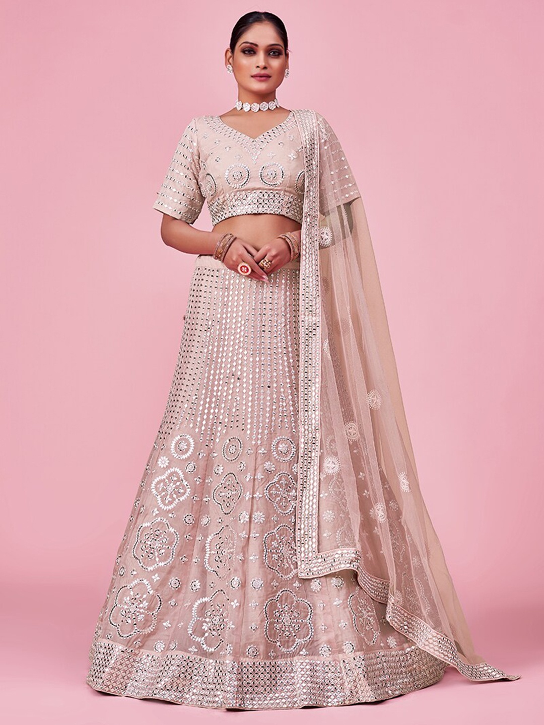 

Fusionic Mauve Embroidered Semi-Stitched Lehenga & Unstitched Blouse With Dupatta