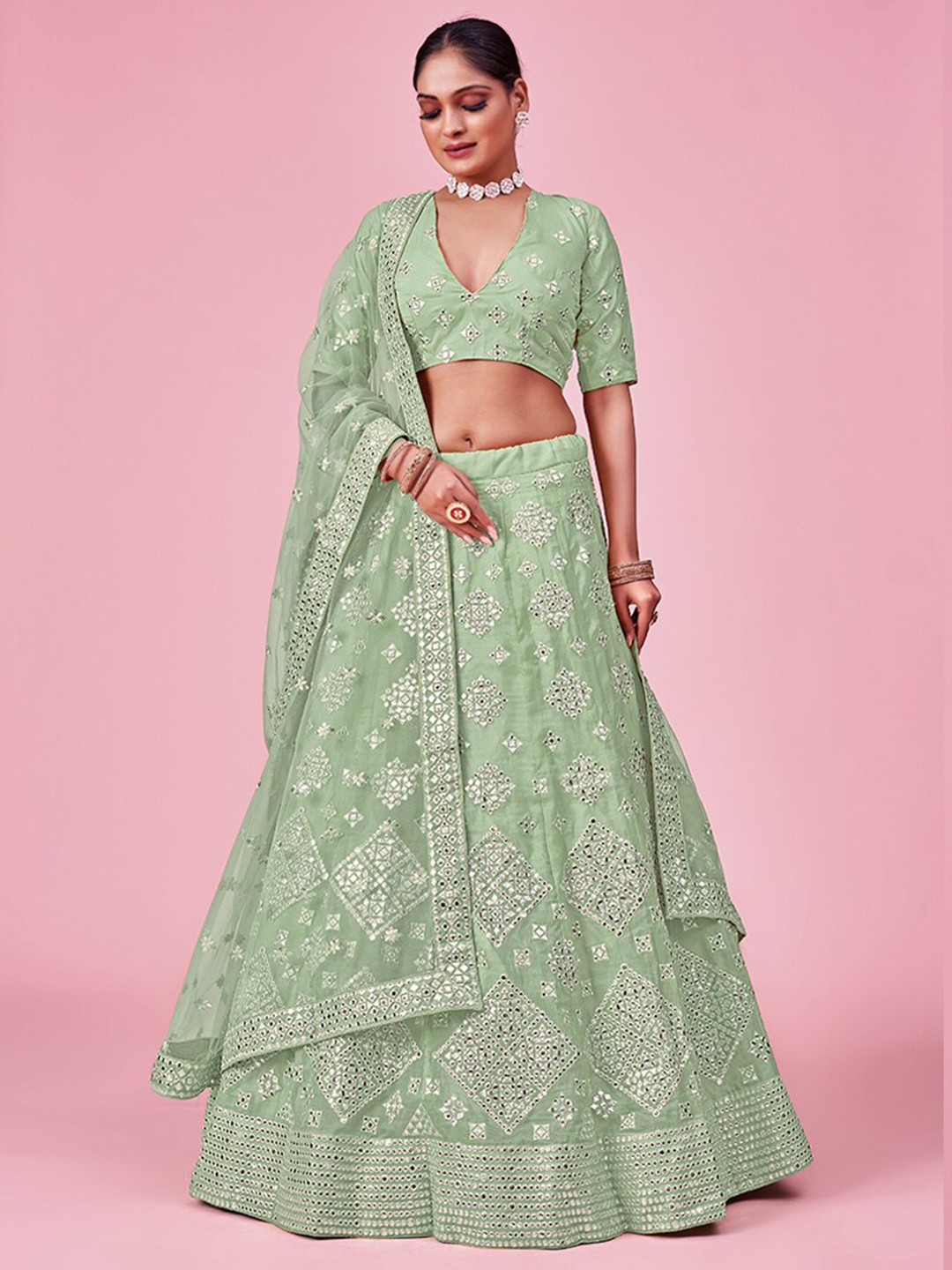 

Fusionic Embroidered Semi-Stitched Lehenga & Unstitched Blouse With Dupatta, Green