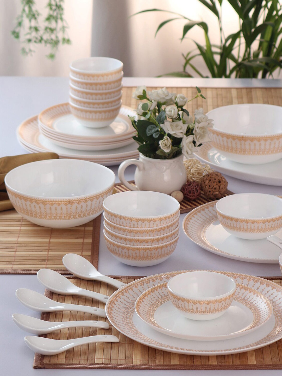 

Cello Emperor Divine Series 33 Pcs White & Mustard Printed Opalware Glossy Dinner Set