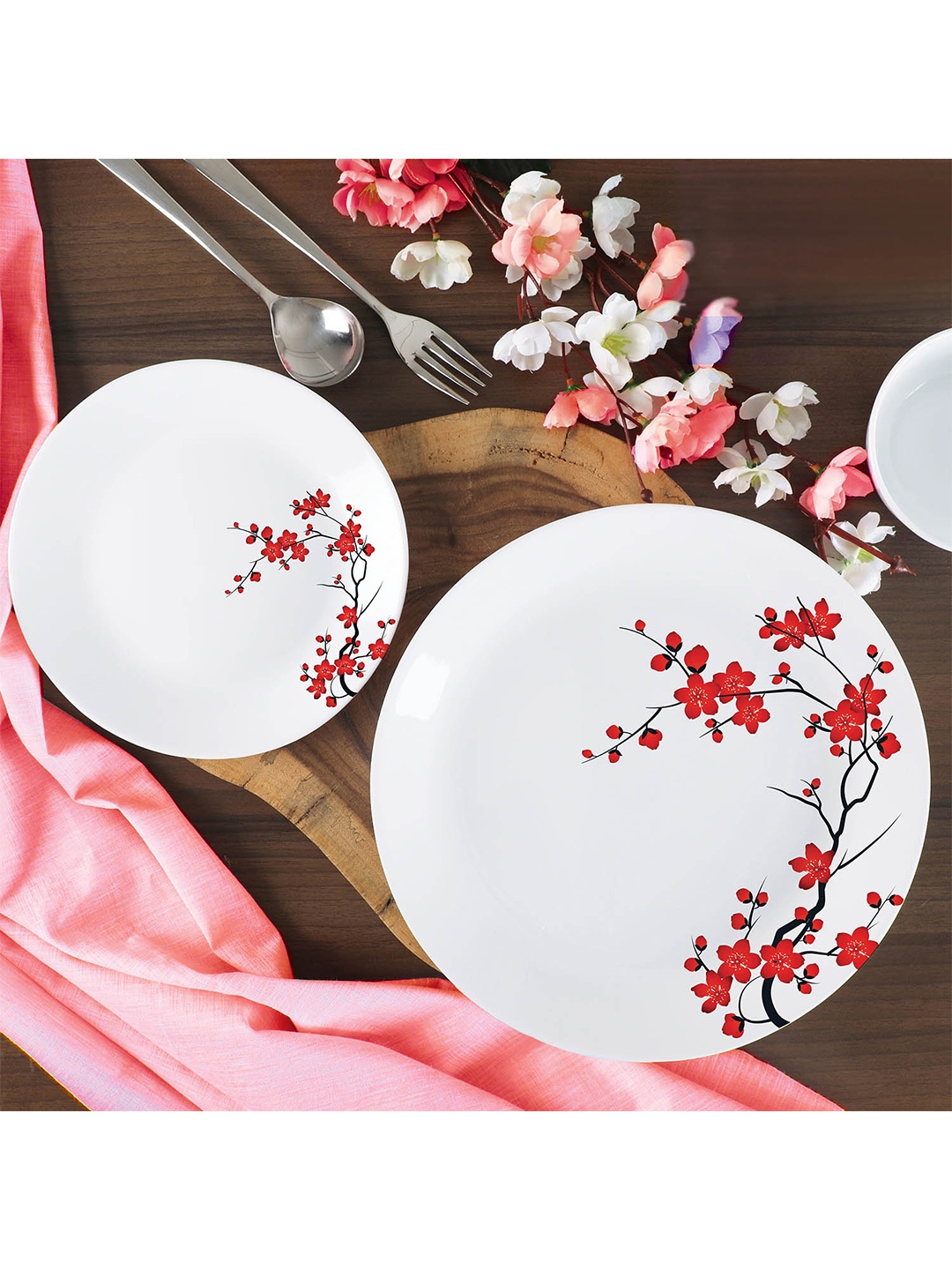

Cello Cherry Blossom Zarah Series 27 Pcs White & Red Printed Opalware Glossy Dinner Set