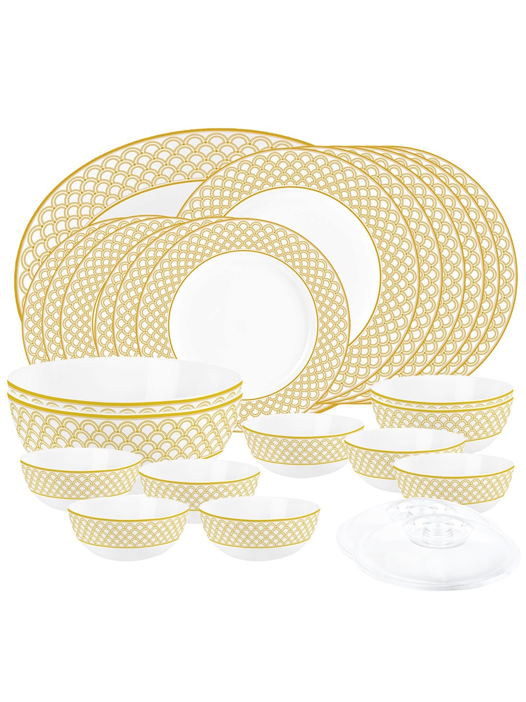 

Cello Golden Crown Ariana Series 29 Pcs White & Gold-Toned Printed Opalware Dinner Set