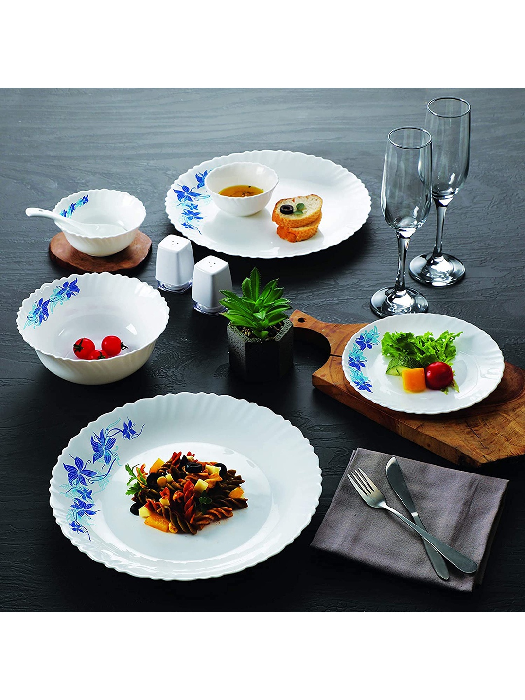 

Cello Blue Swirl Dazzle Series 20 Pcs White Printed Opalware Glossy Dinner Set