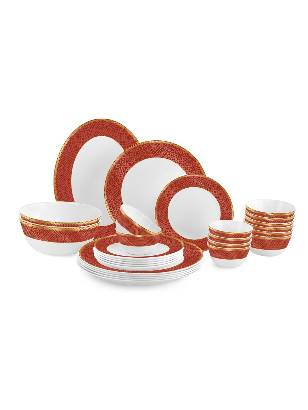 

Cello Ruby Solitaire Series 27 Pcs White & Red Printed Opalware Glossy Dinner Set