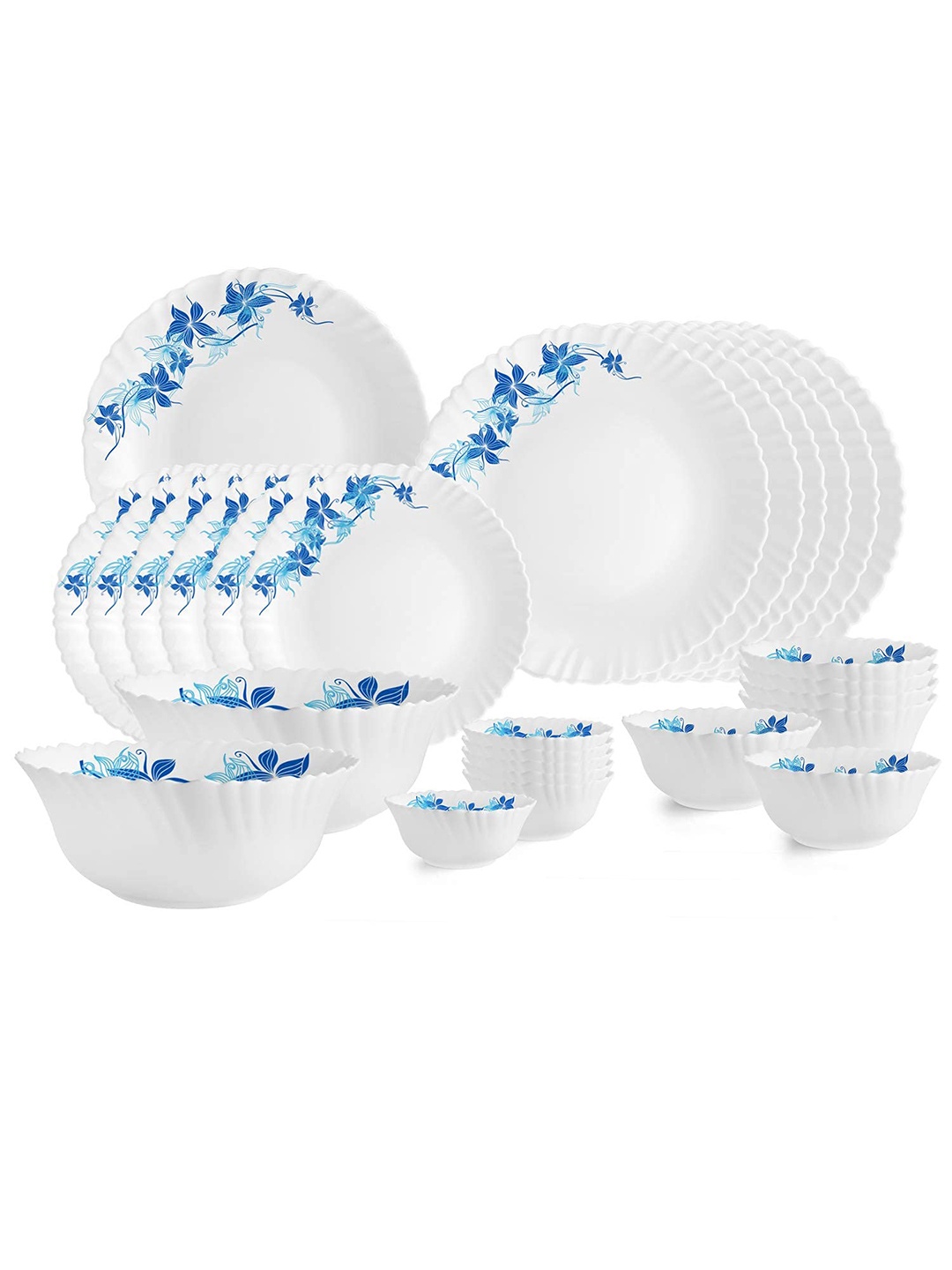 

Cello Dazzle Set of 27 Microwave and Dishwasher Safe Blue Swirl Opalware Dinner Set, White