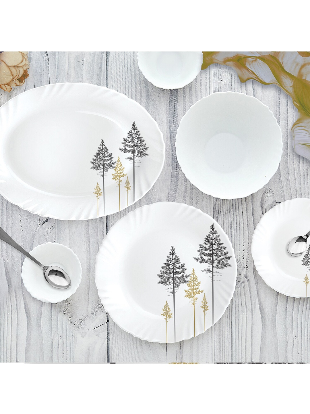

Cello Golden Pine Imperial Series 19 Pcs White & Black Printed Opalware Glossy Dinner Set
