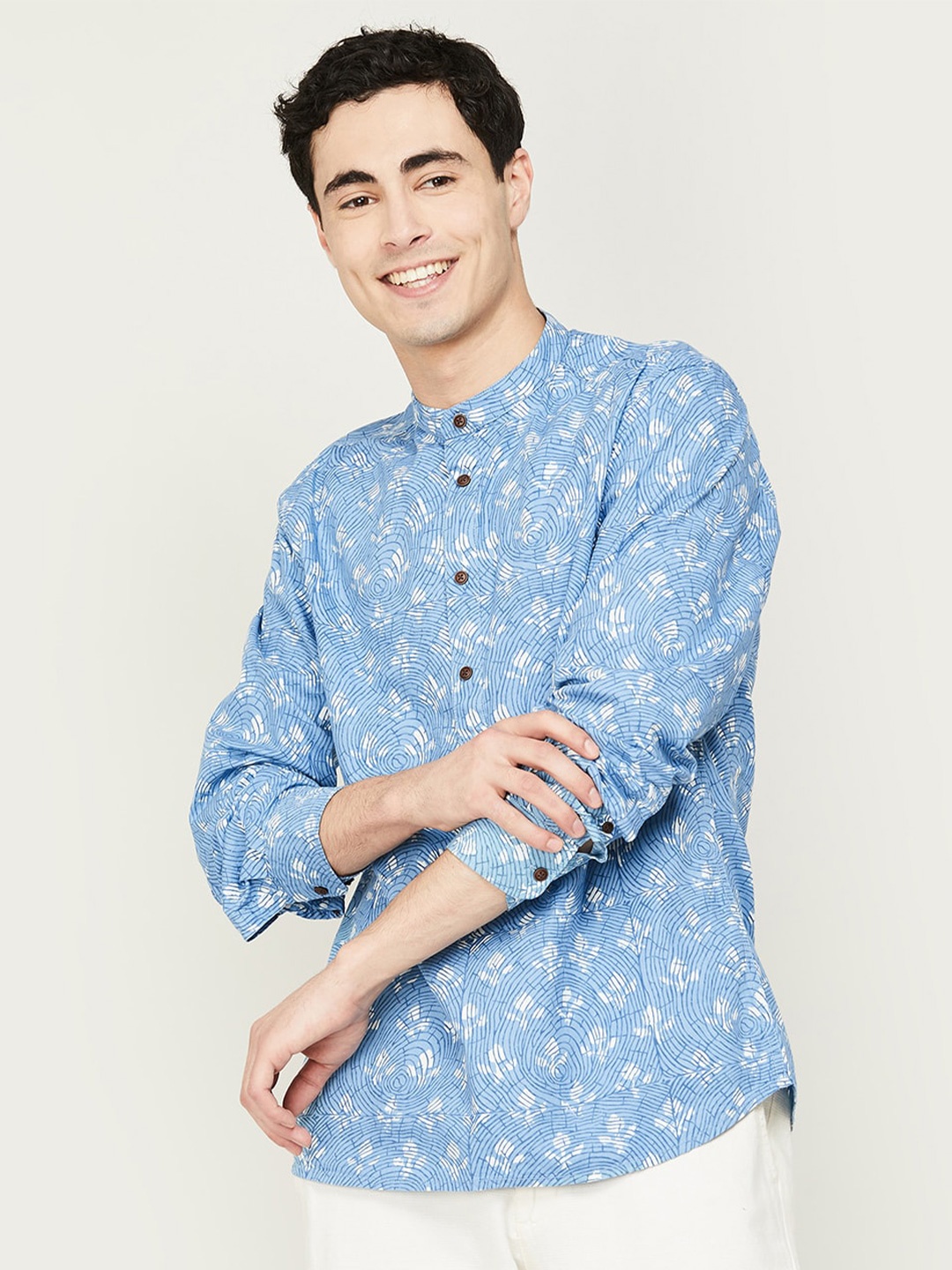 

Melange by Lifestyle Printed Mandarin Collar Casual Cotton Shirt, Blue
