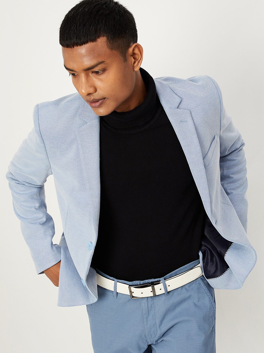 

max Men Self Design Regular Fit Single-Breasted Formal Blazer, Turquoise blue
