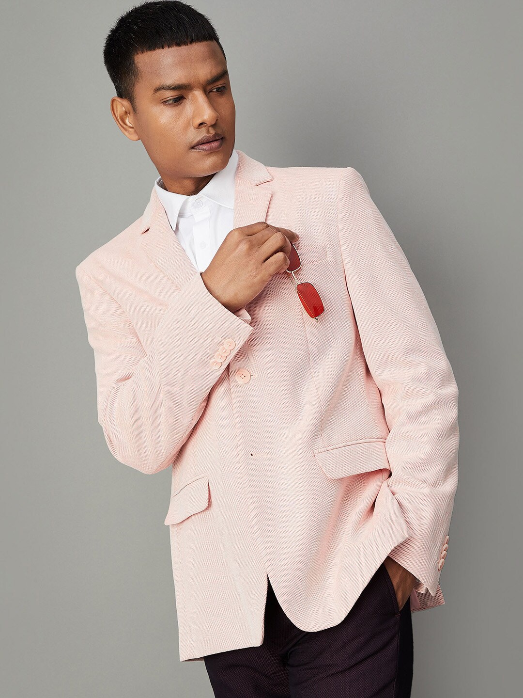 

max Men Self Design Regular Fit Single-Breasted Formal Blazer, Pink