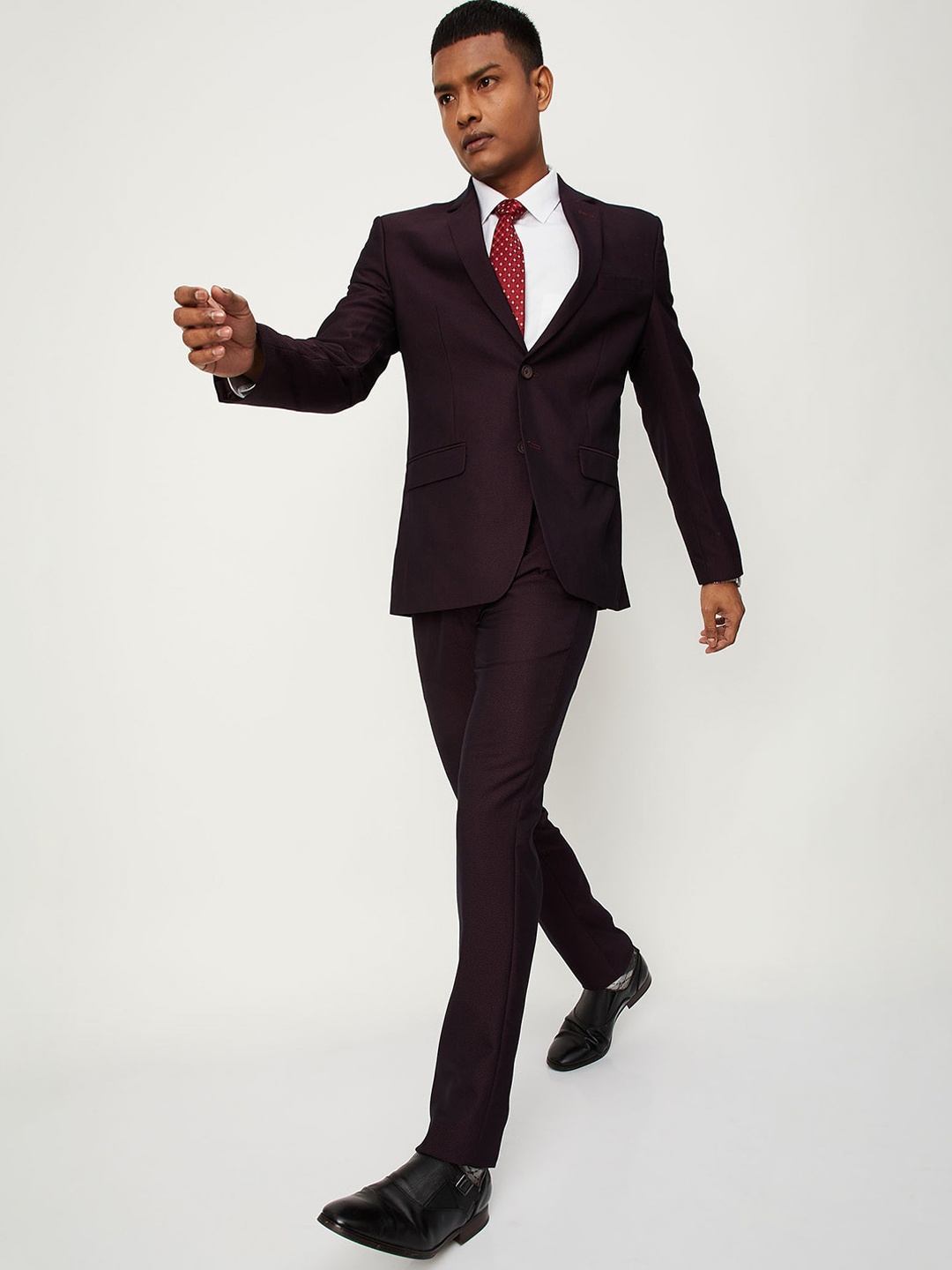 

max Men Self Design Regular Fit Single-Breasted Formal Blazer, Burgundy