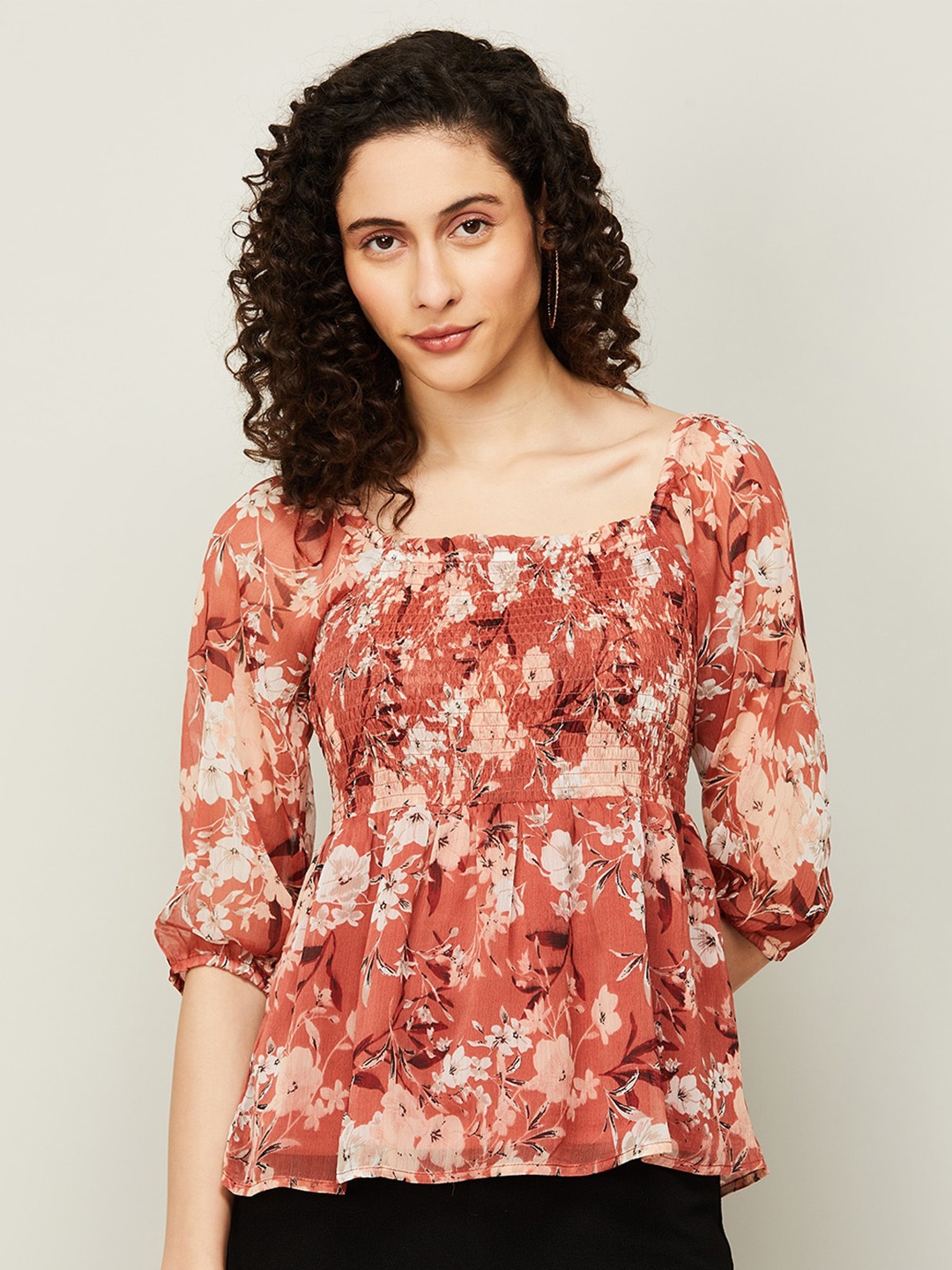 

CODE by Lifestyle Floral Printed Square Neck Smocked Puff Sleeves Peplum Top, Rust