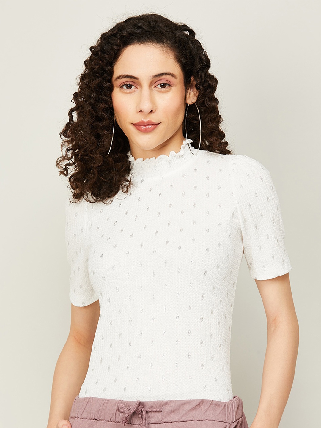 

CODE by Lifestyle Polka Dots Printed High Neck Fitted Top, White