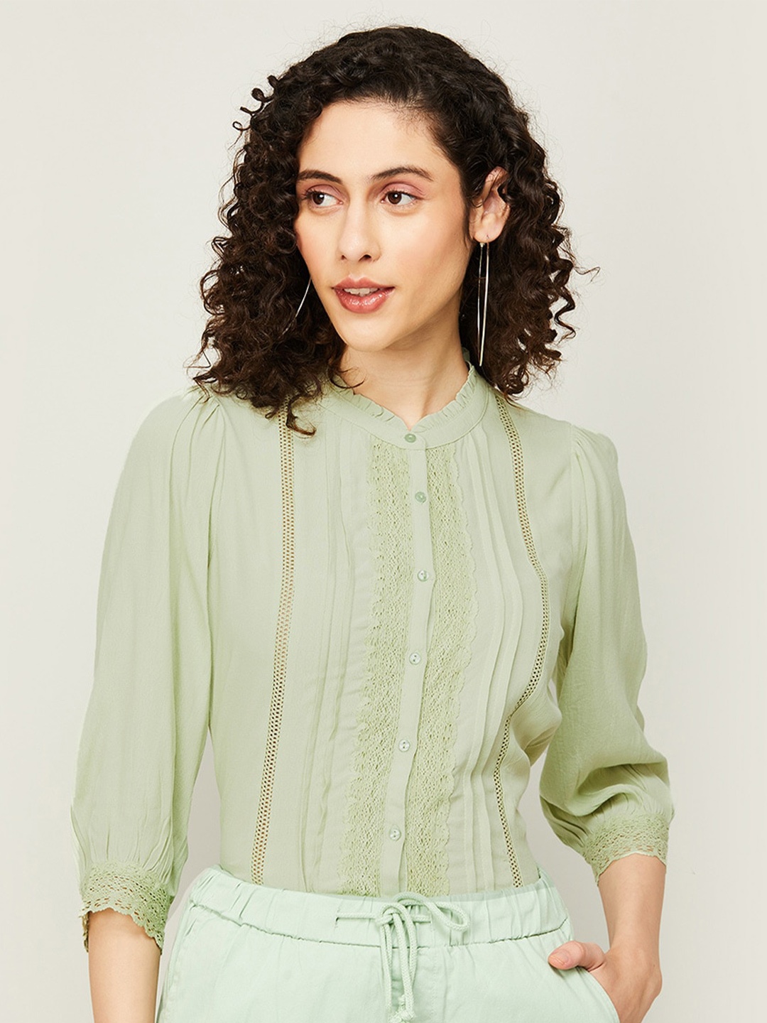 

CODE by Lifestyle Puff Sleeves Ruffle Neck Shirt Style Top, Green