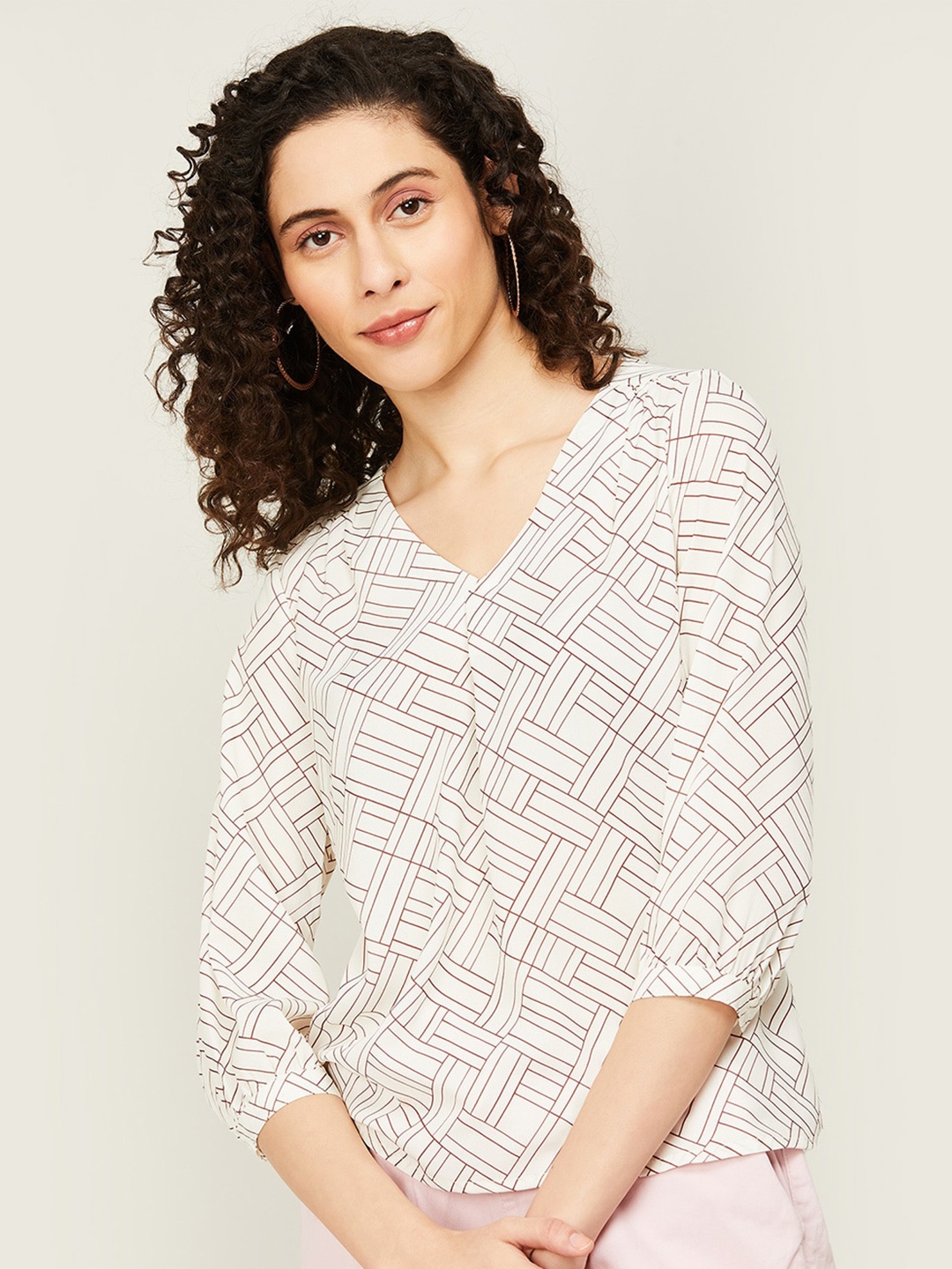 

CODE by Lifestyle Geometric Printed V-Neck Regular Top, White