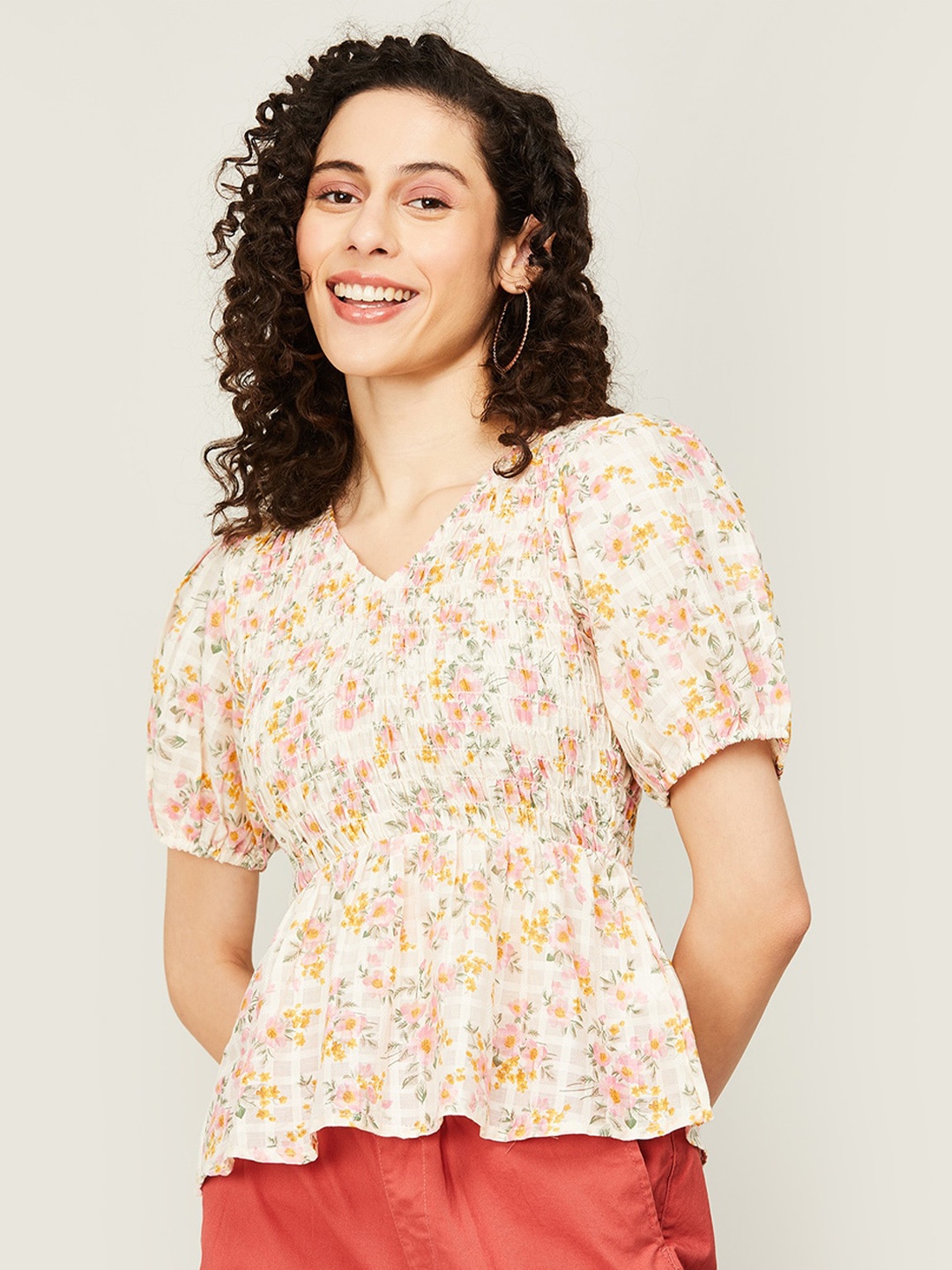 

CODE by Lifestyle Smocked Floral Print Cinched Waist Top, Beige